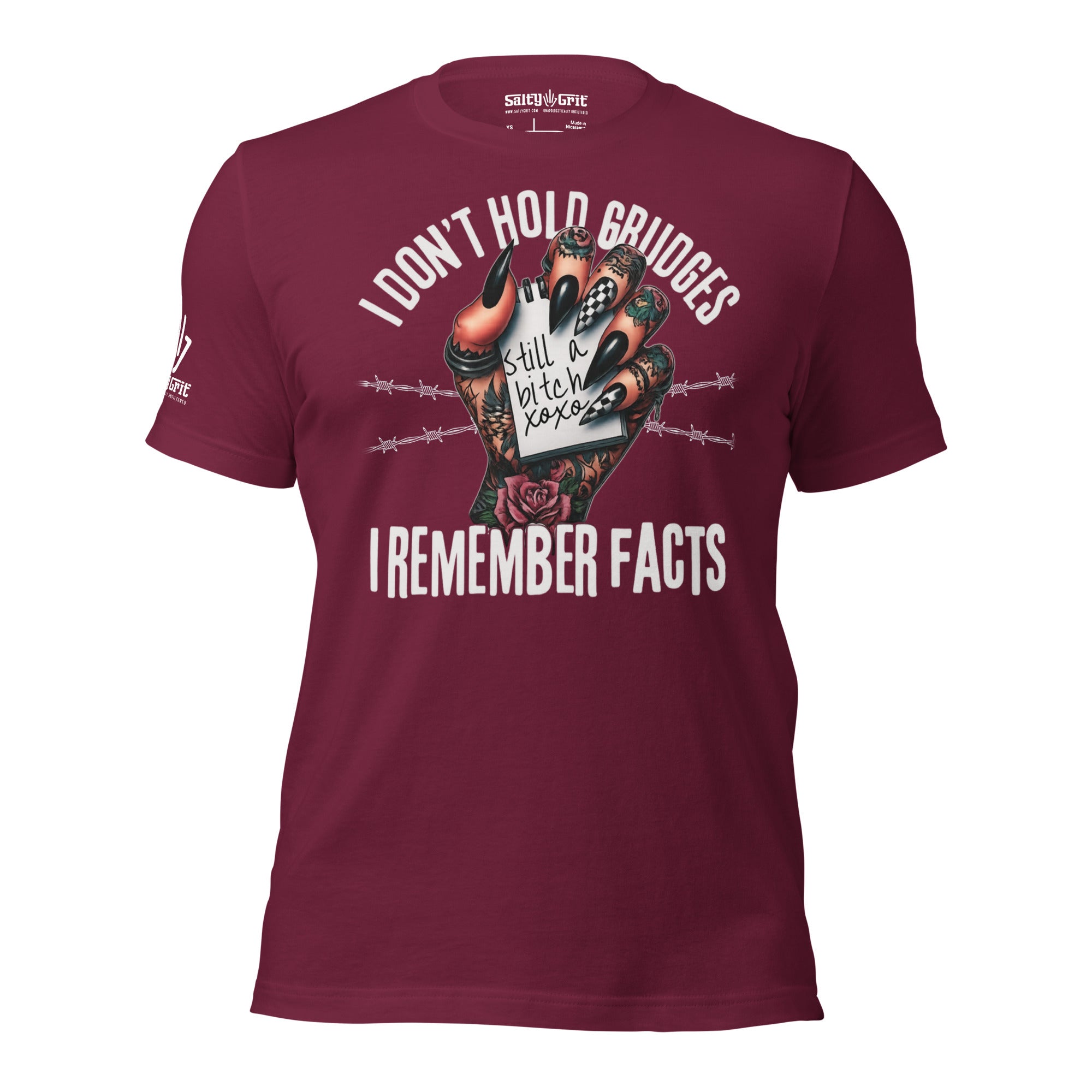 Funny sarcastic t-shirt about remembering facts not grudges