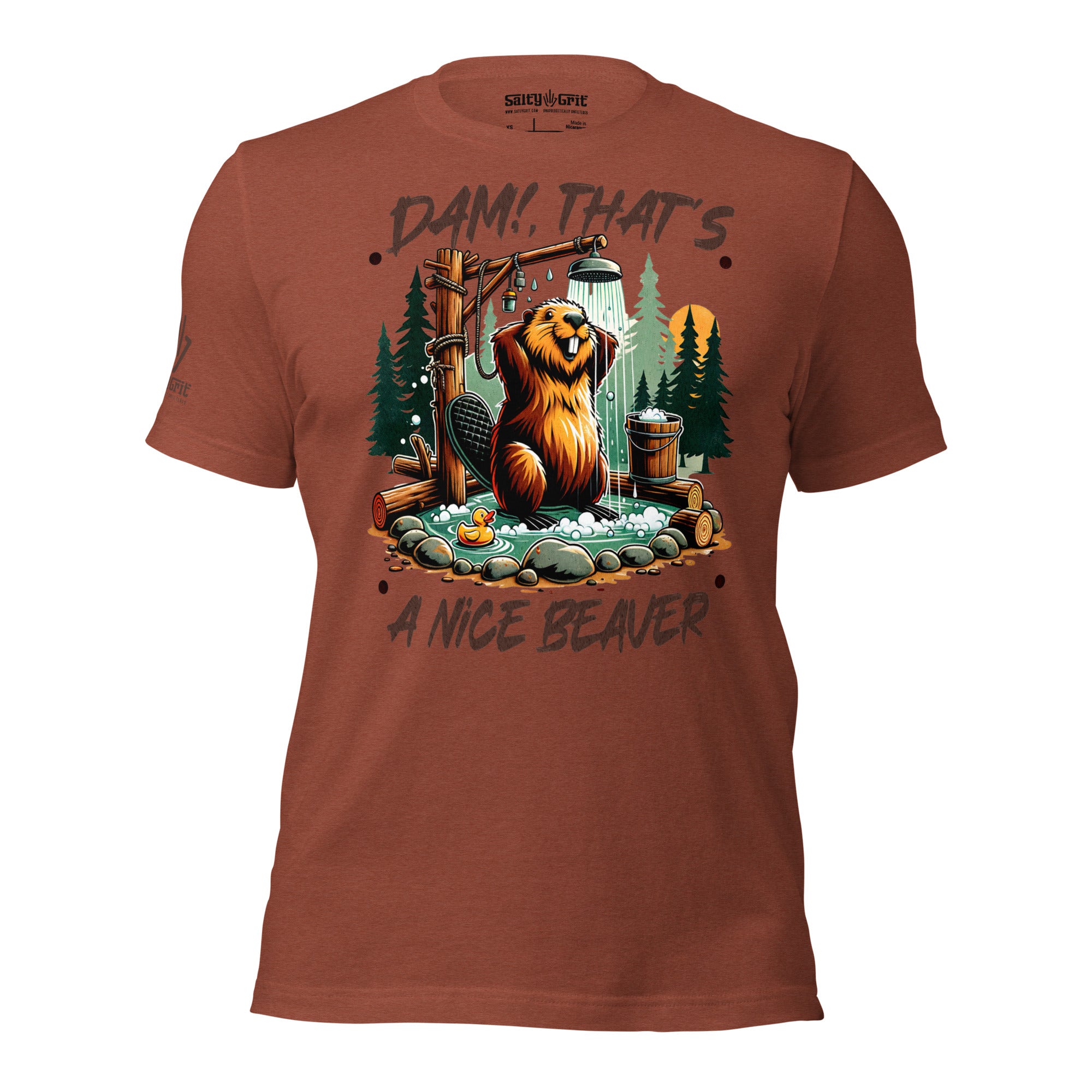 Funny shirt reading Dam! That’s a Nice Beaver with cartoon beaver in shower