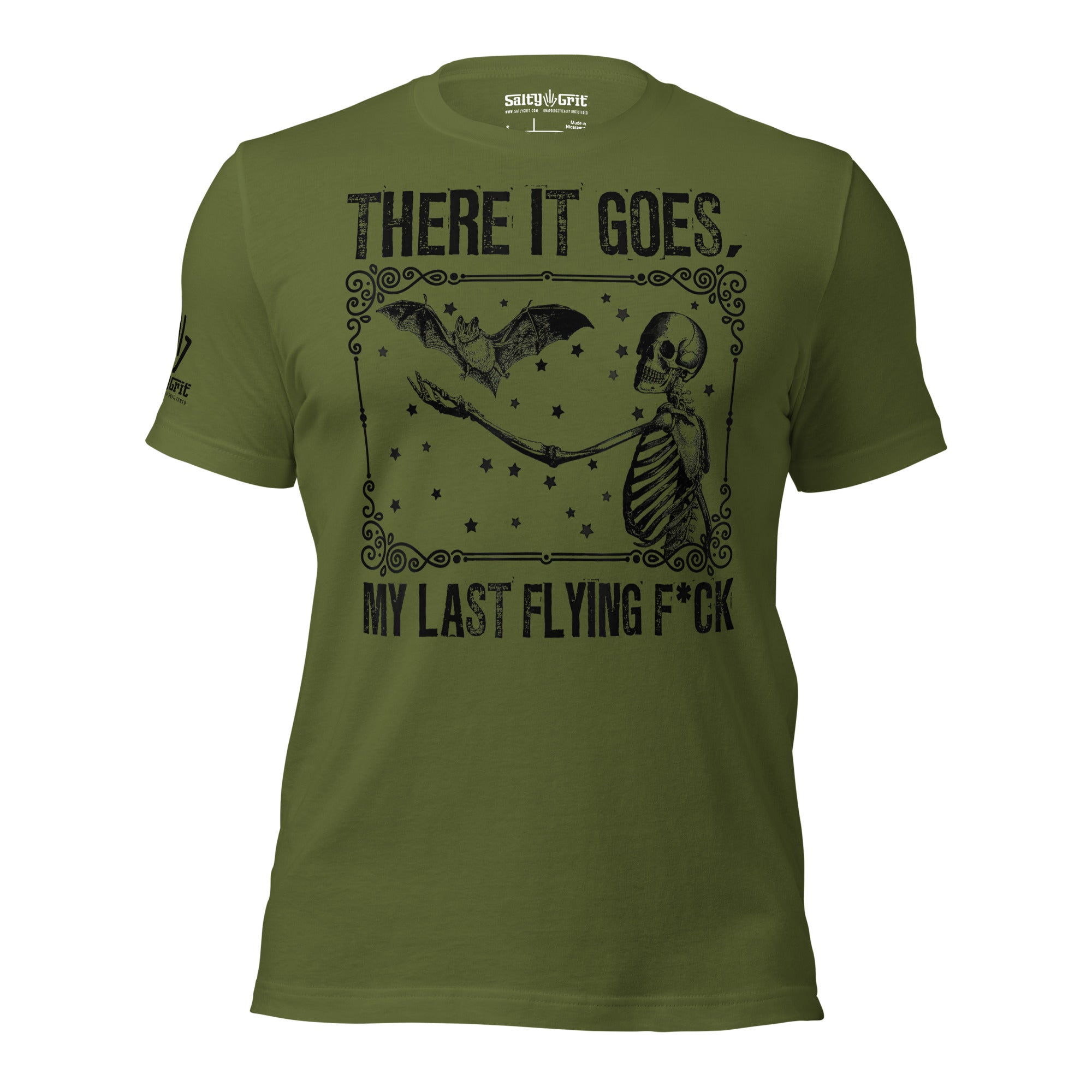 Funny gift shirt for sarcastic friends featuring a skeleton and flying bat