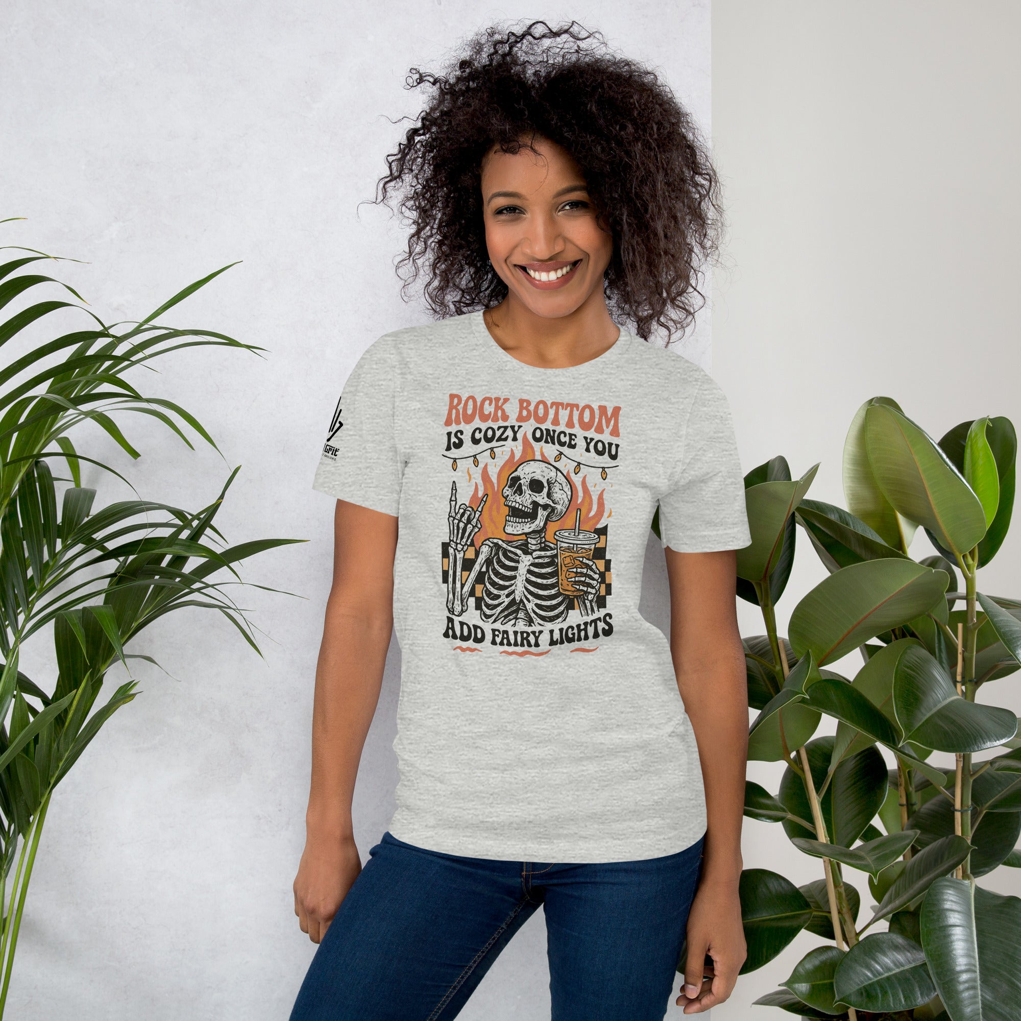 Funny skeleton graphic tee with fire and fairy lights design