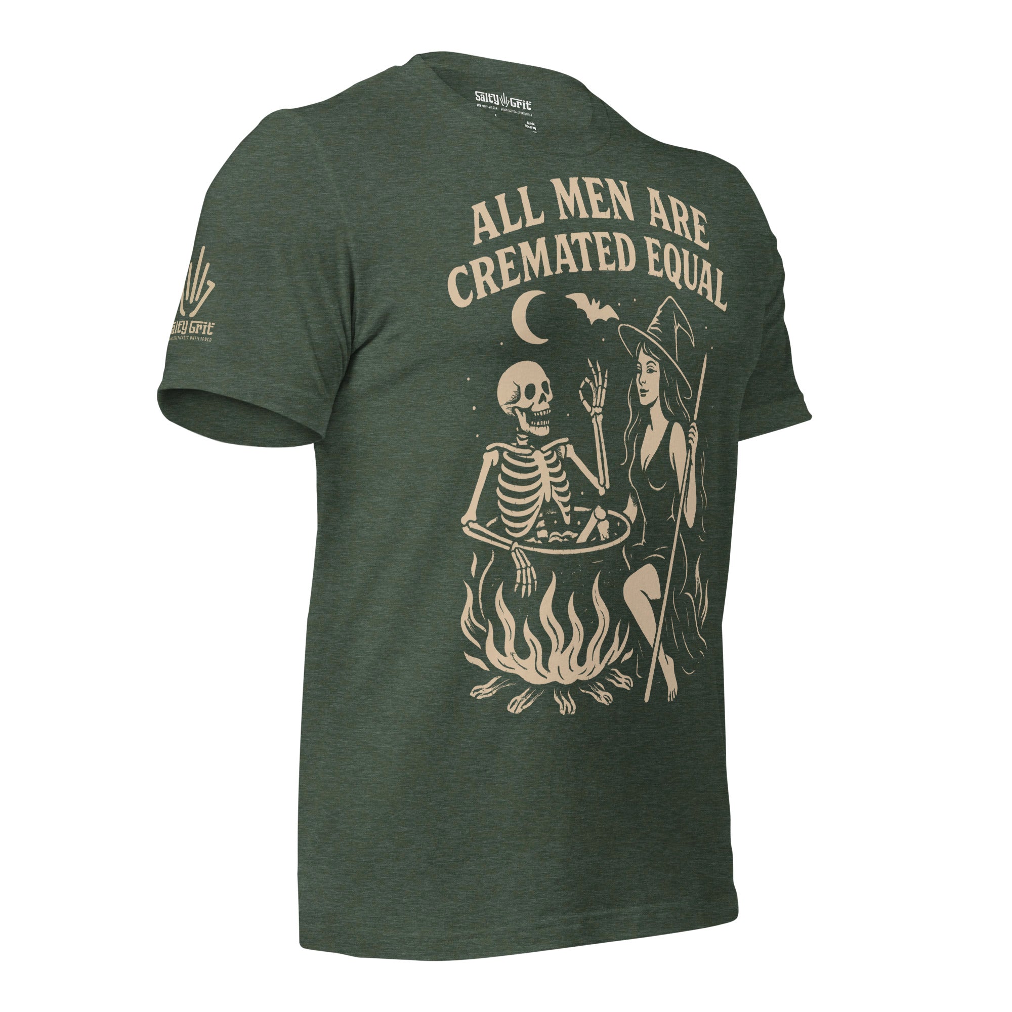 Funny Halloween tee shirt with skeleton in boiling cauldron