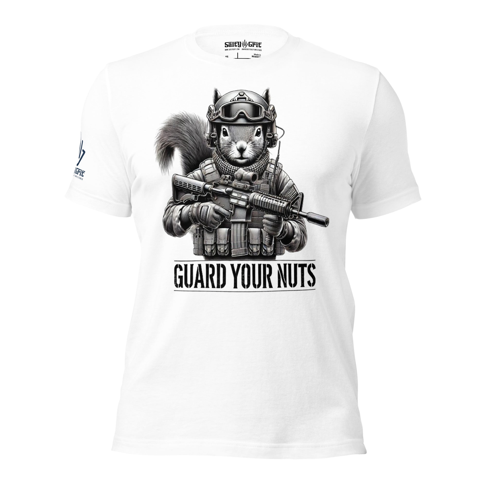 Funny squirrel shirt featuring tactical gear and AR rifle