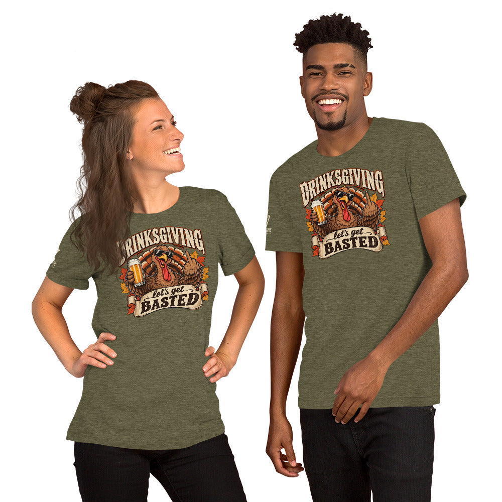 Funny Thanksgiving Eve celebration shirt featuring Drinksgiving and a beer-drinking turkey