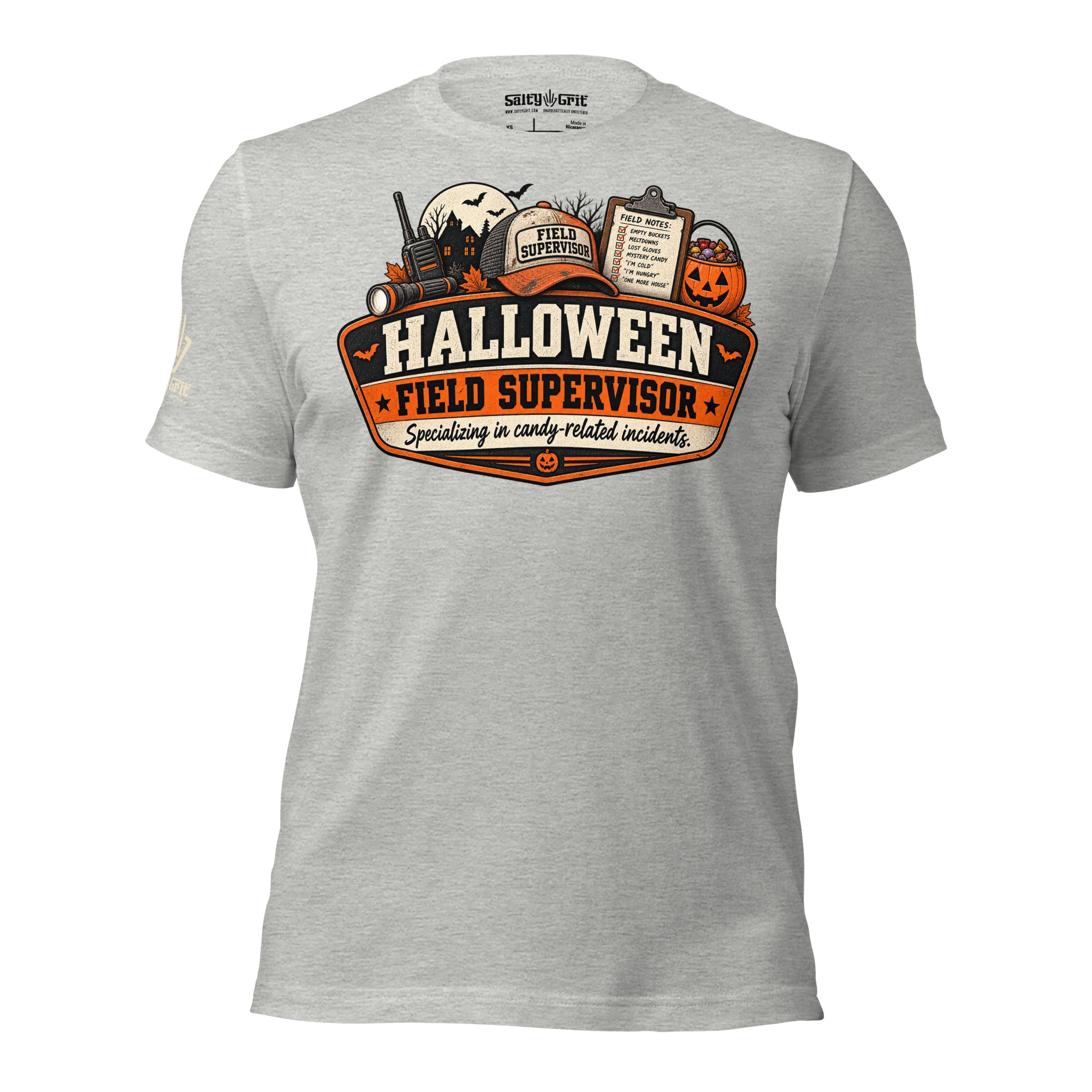 Funny trick-or-treating shirt for parents featuring Halloween field supervisor design