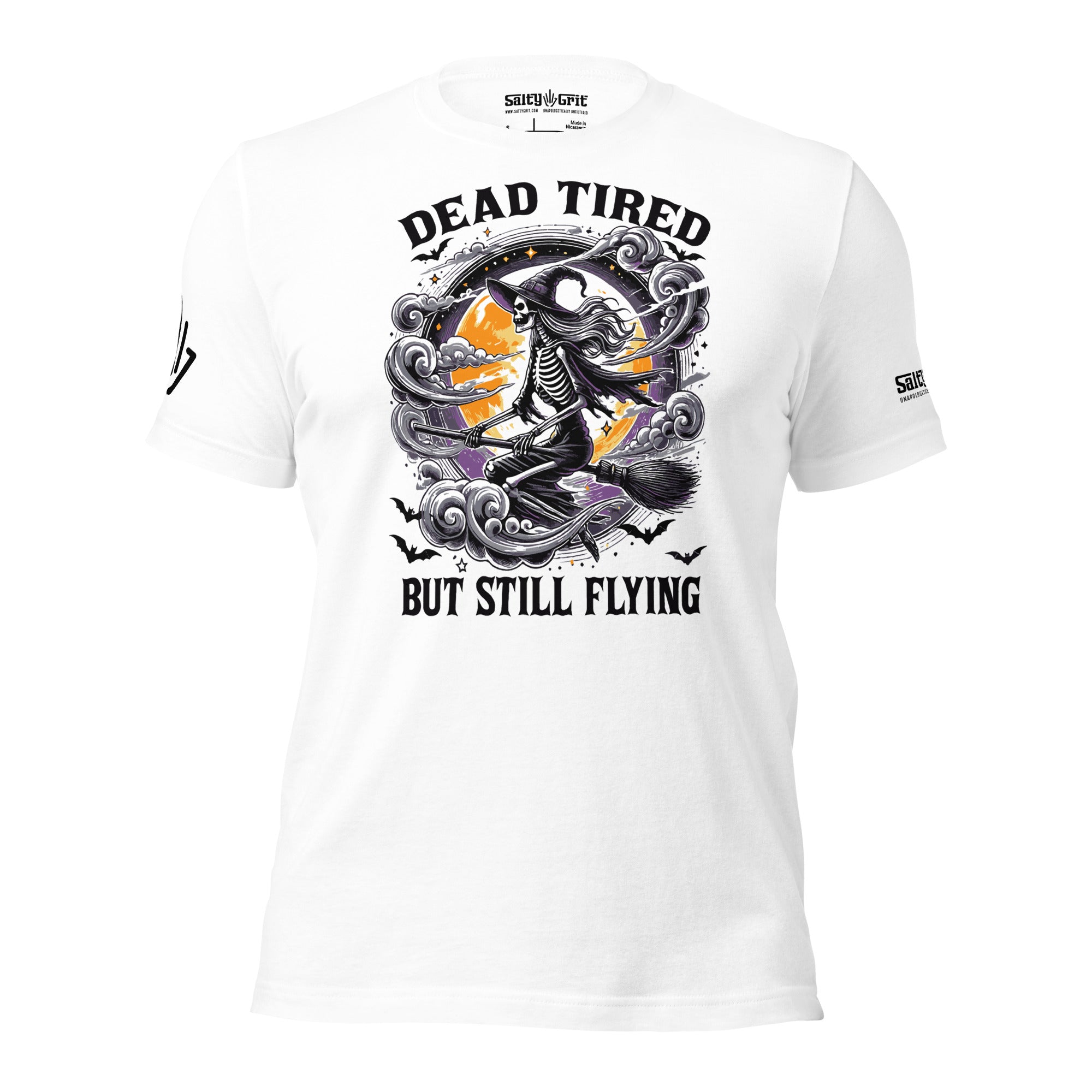 Dead Tired But Still Flying funny Halloween shirt with witch illustration