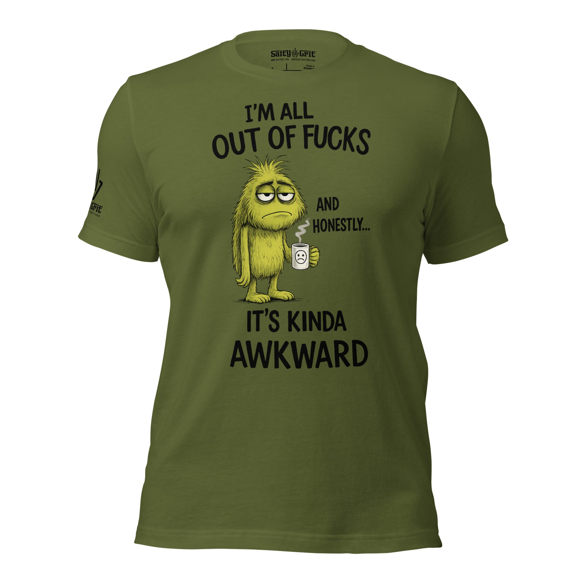 Funny zero-fucks shirt featuring an exhausted monster and coffee cup