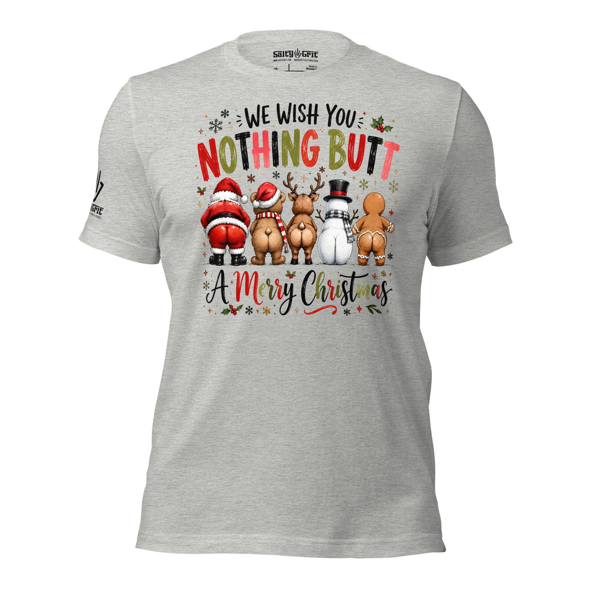 Adult-humor Christmas shirt graphic with Santa and other holiday characters shown from behind.