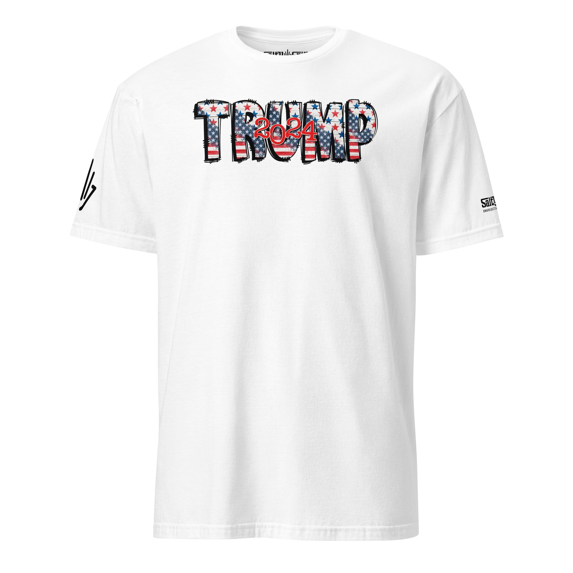 trump shirt with trump 2024 on it in american print red white and blue stitched look
