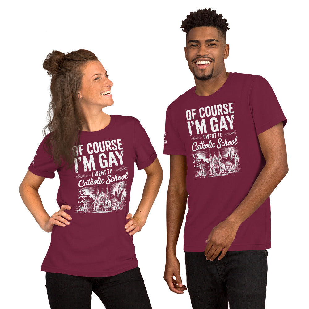 Gay pride sarcastic humor shirt Catholic school joke