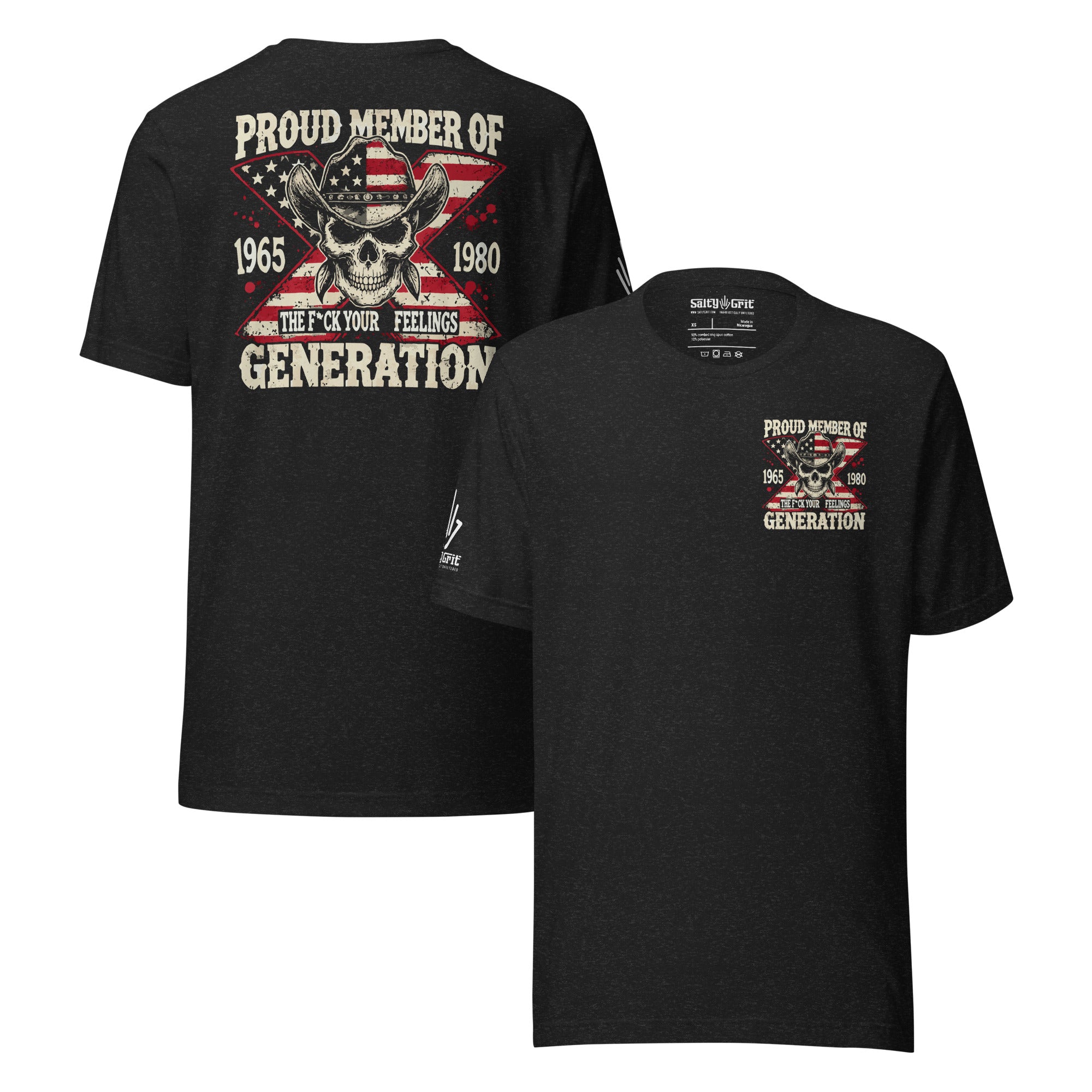 Sarcastic Gen X graphic tee with cowboy skeleton and offensive humor quote