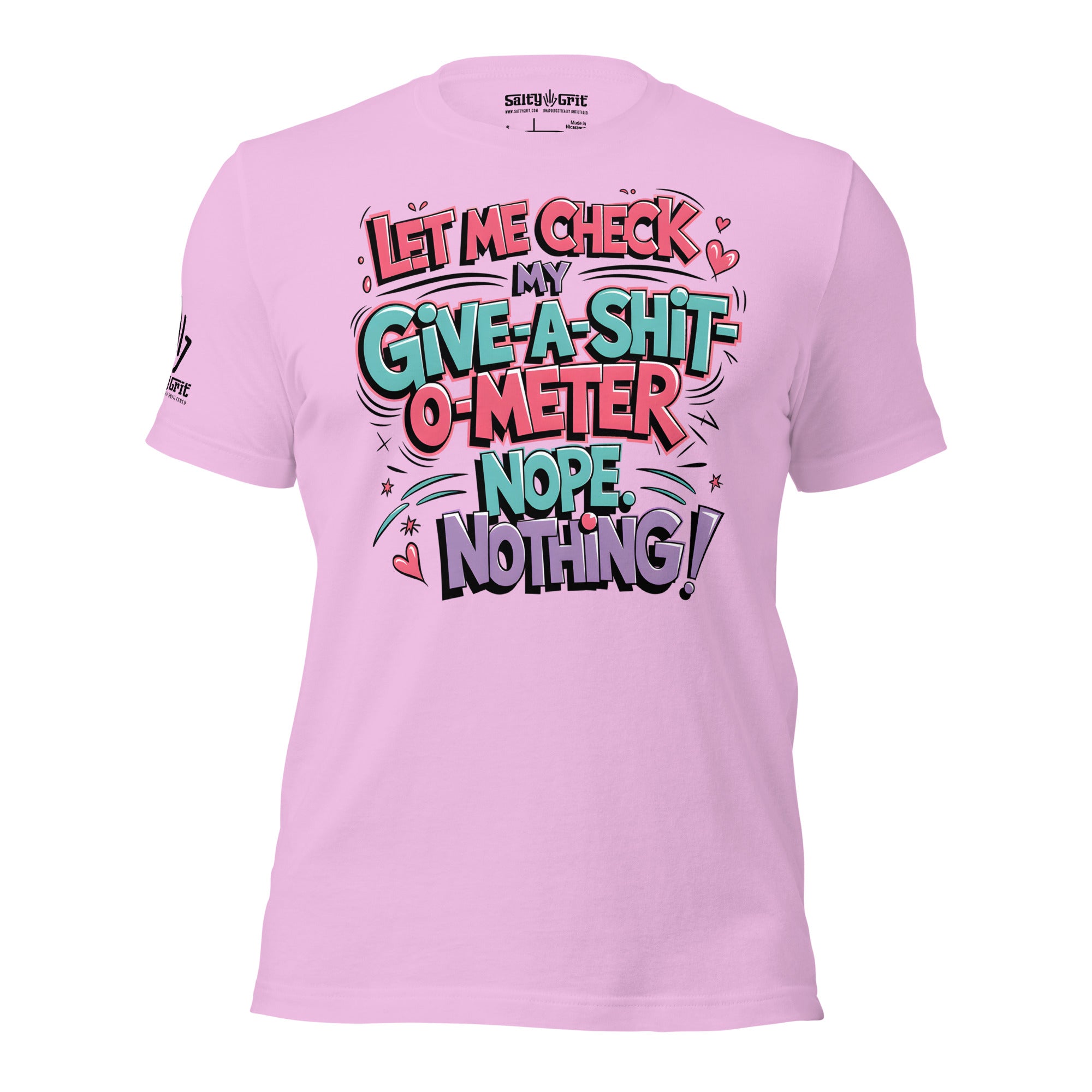 Funny shirt with sarcastic “Let Me Check My Give a Shit Meter” quote in retro text