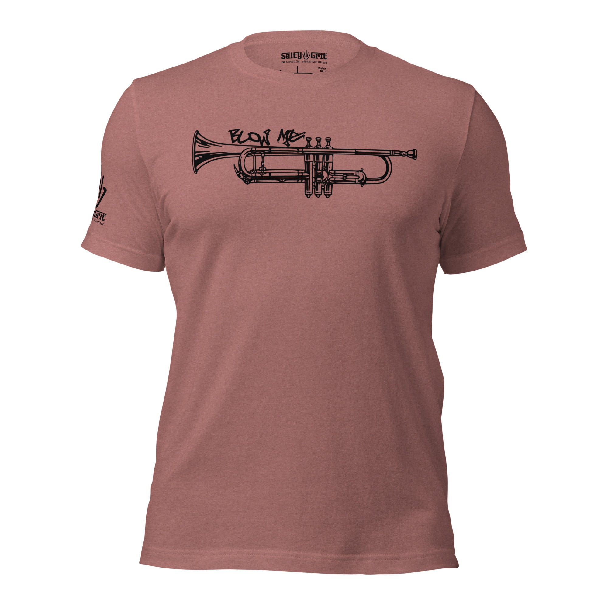Graphic tee for musicians featuring blow me trumpet humor