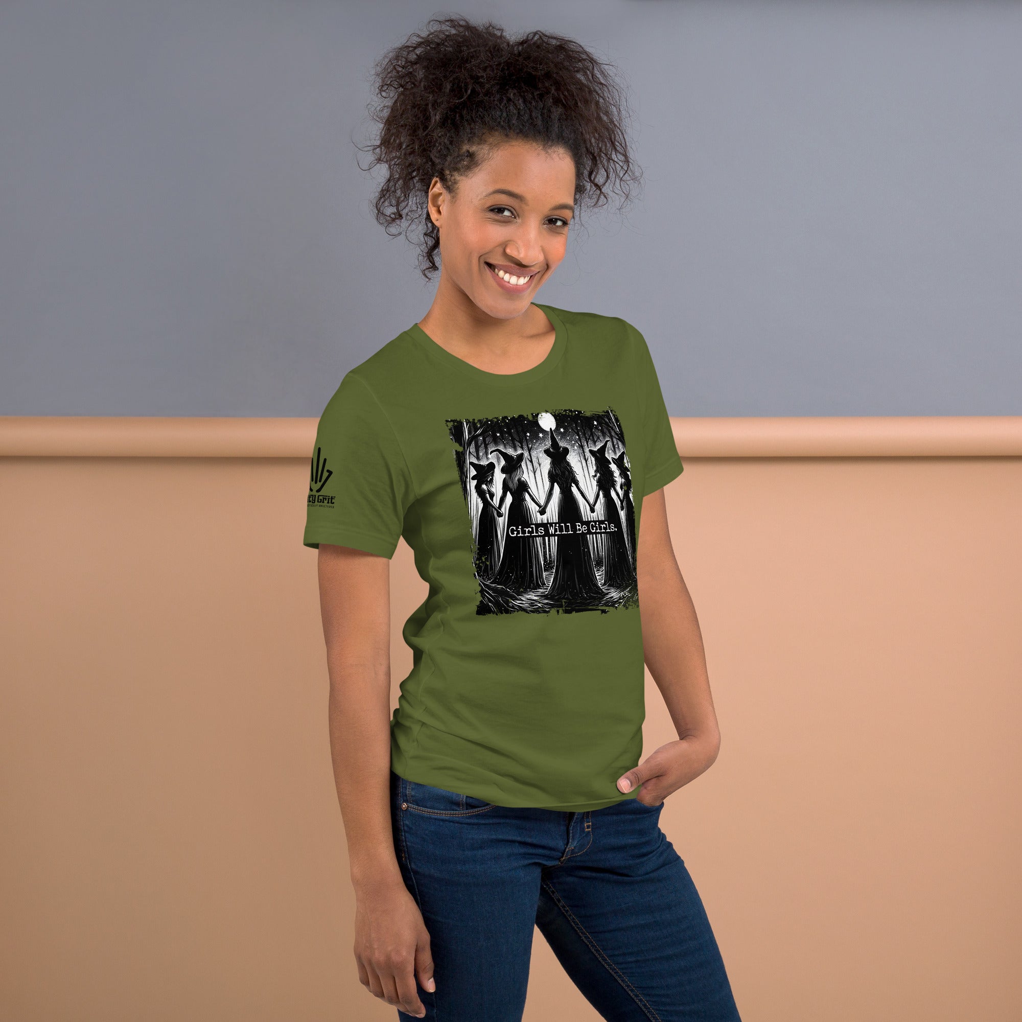Girls’ power witch shirt with offensive humor and séance design