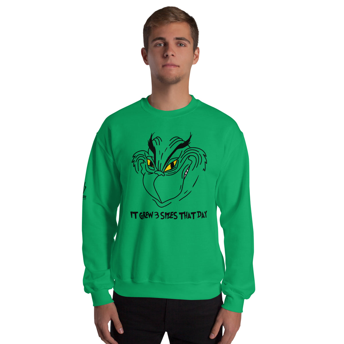 Christmas sweatshirt featuring the Grinch's mischievous grin