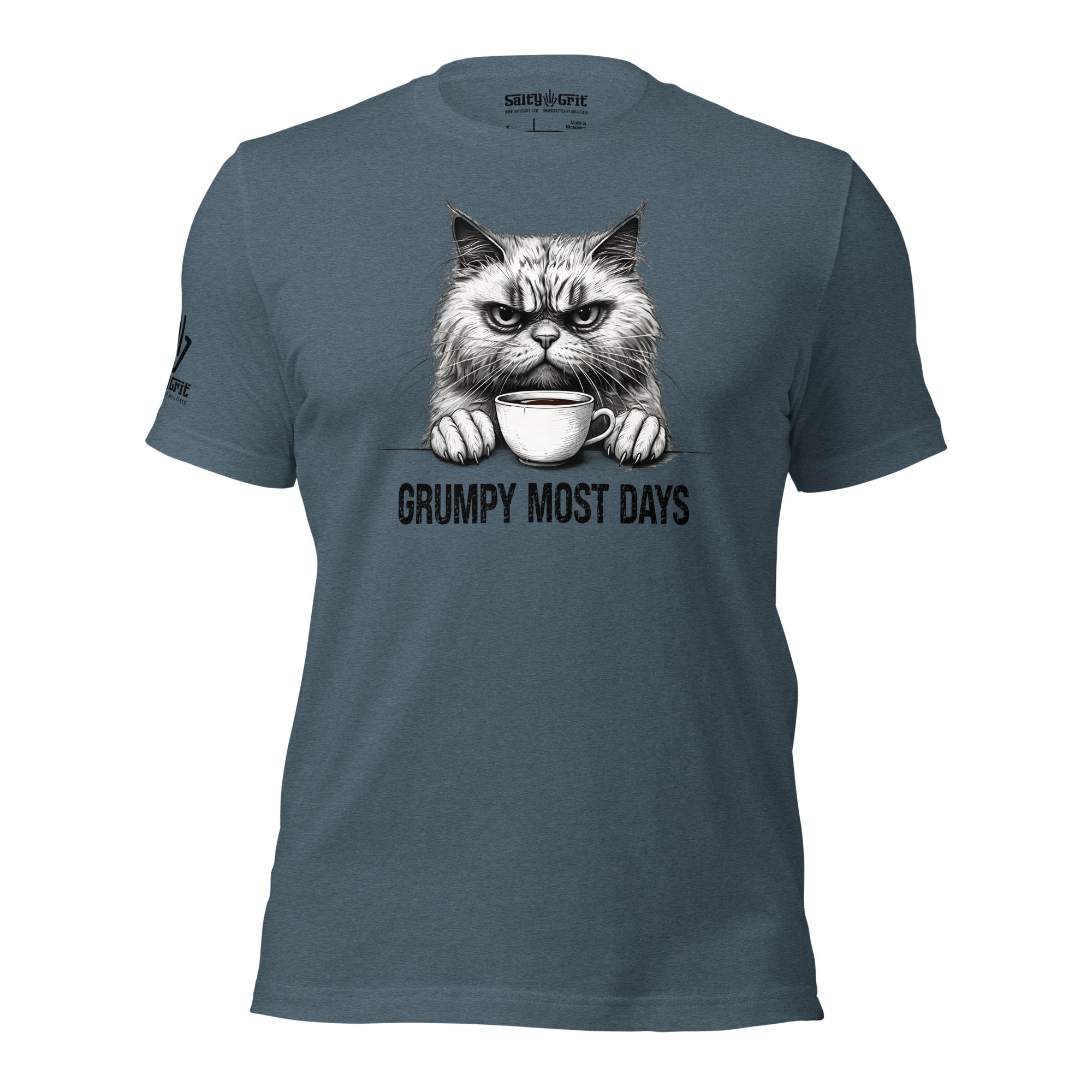 Sarcastic graphic tee with cat and coffee cup