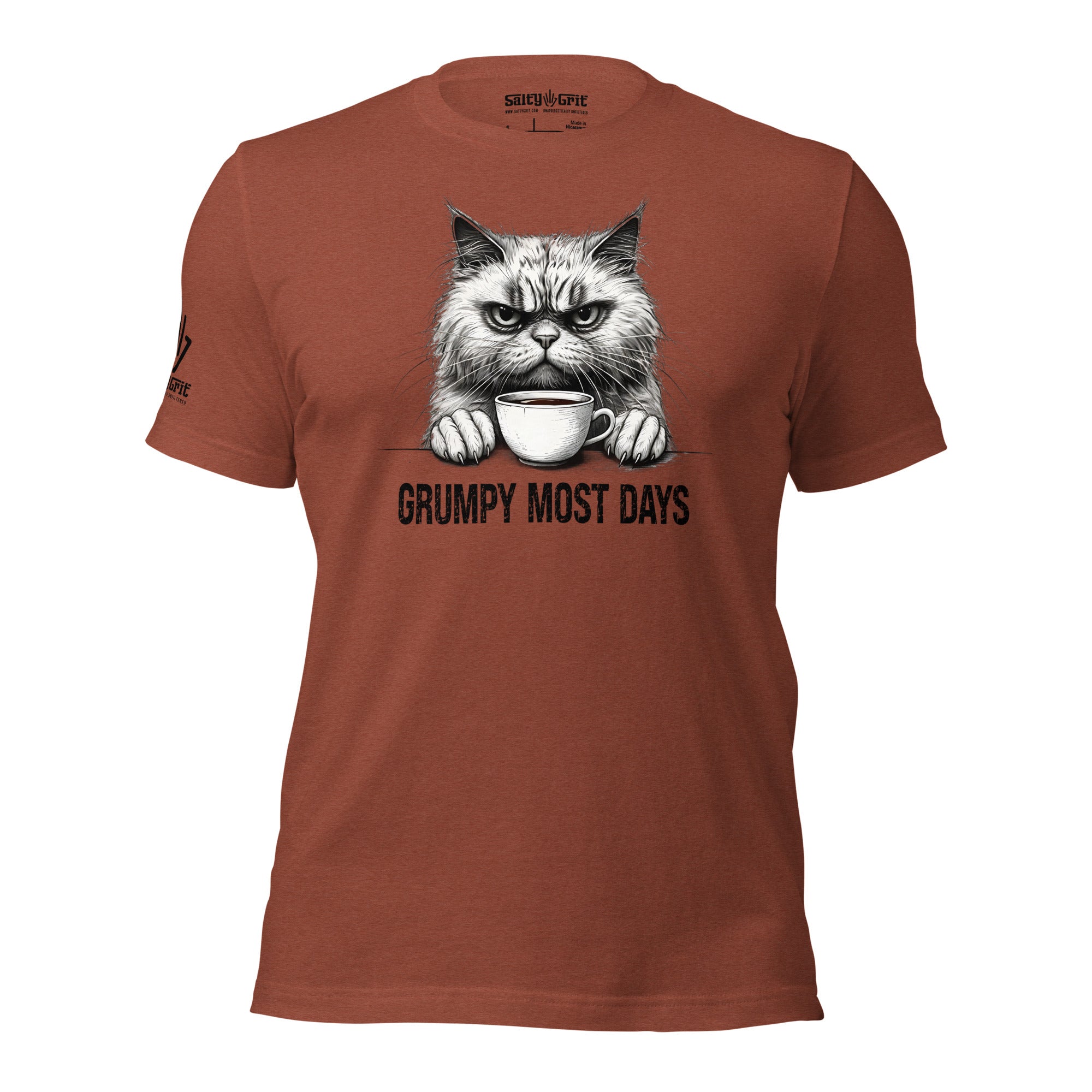 Funny shirt reading Grumpy Most Days with grumpy cat holding coffee cup
