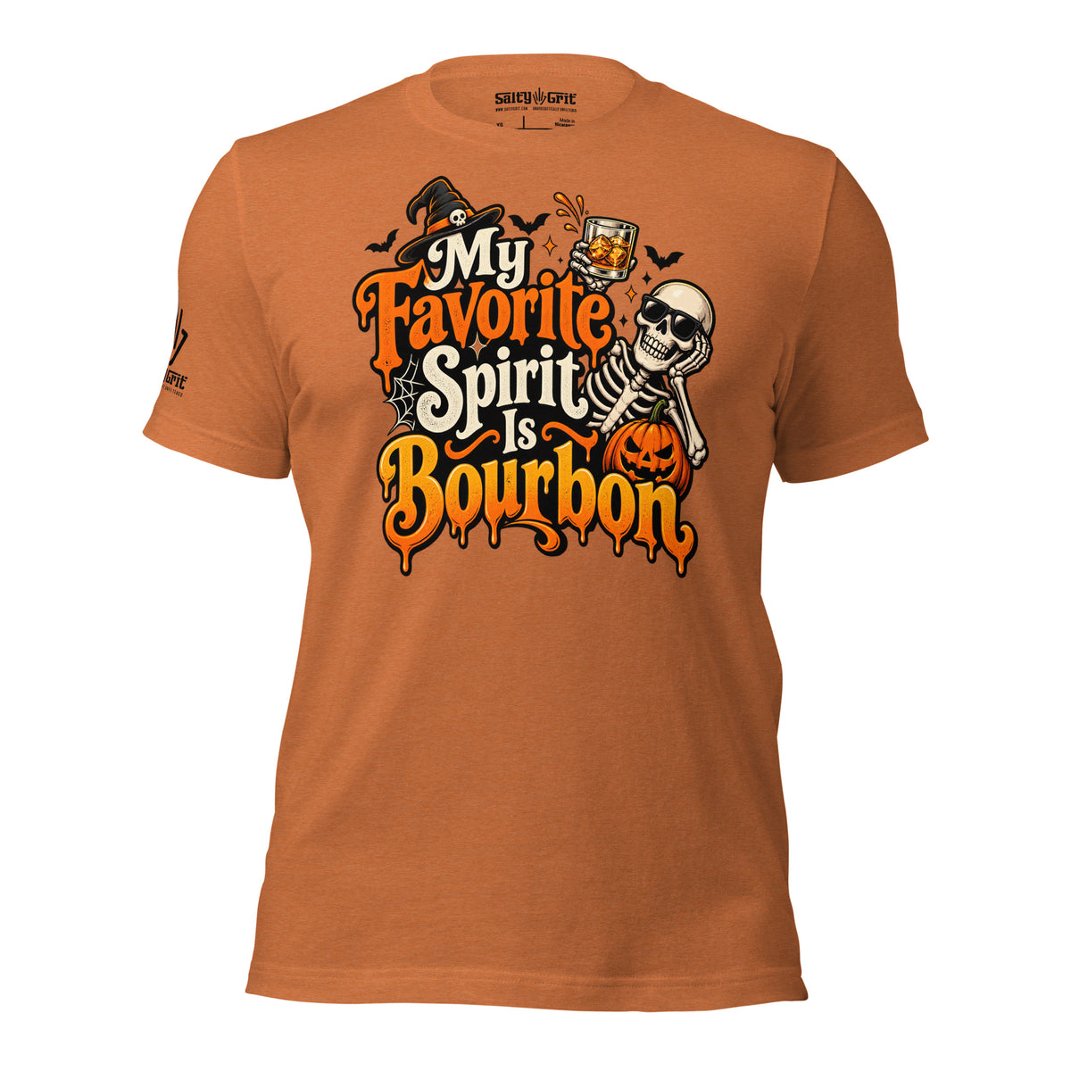 Front view of the Halloween bourbon shirt featuring a skeleton holding a bourbon glass.