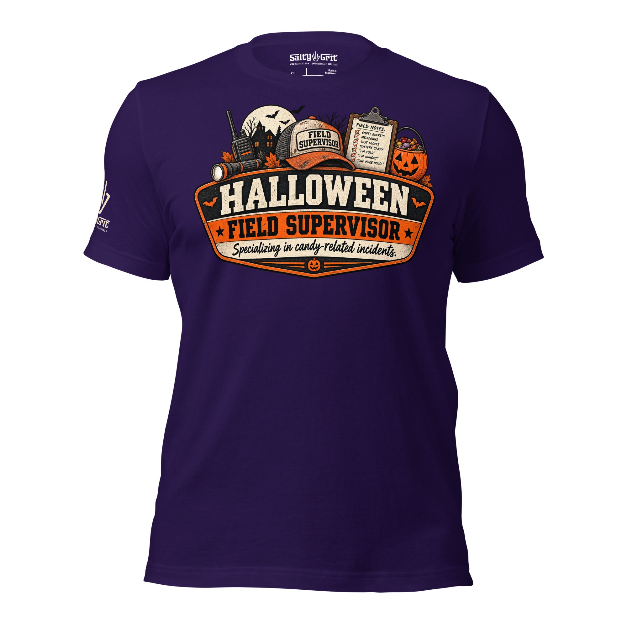 Funny Halloween shirt featuring candy management and incident checklist humor