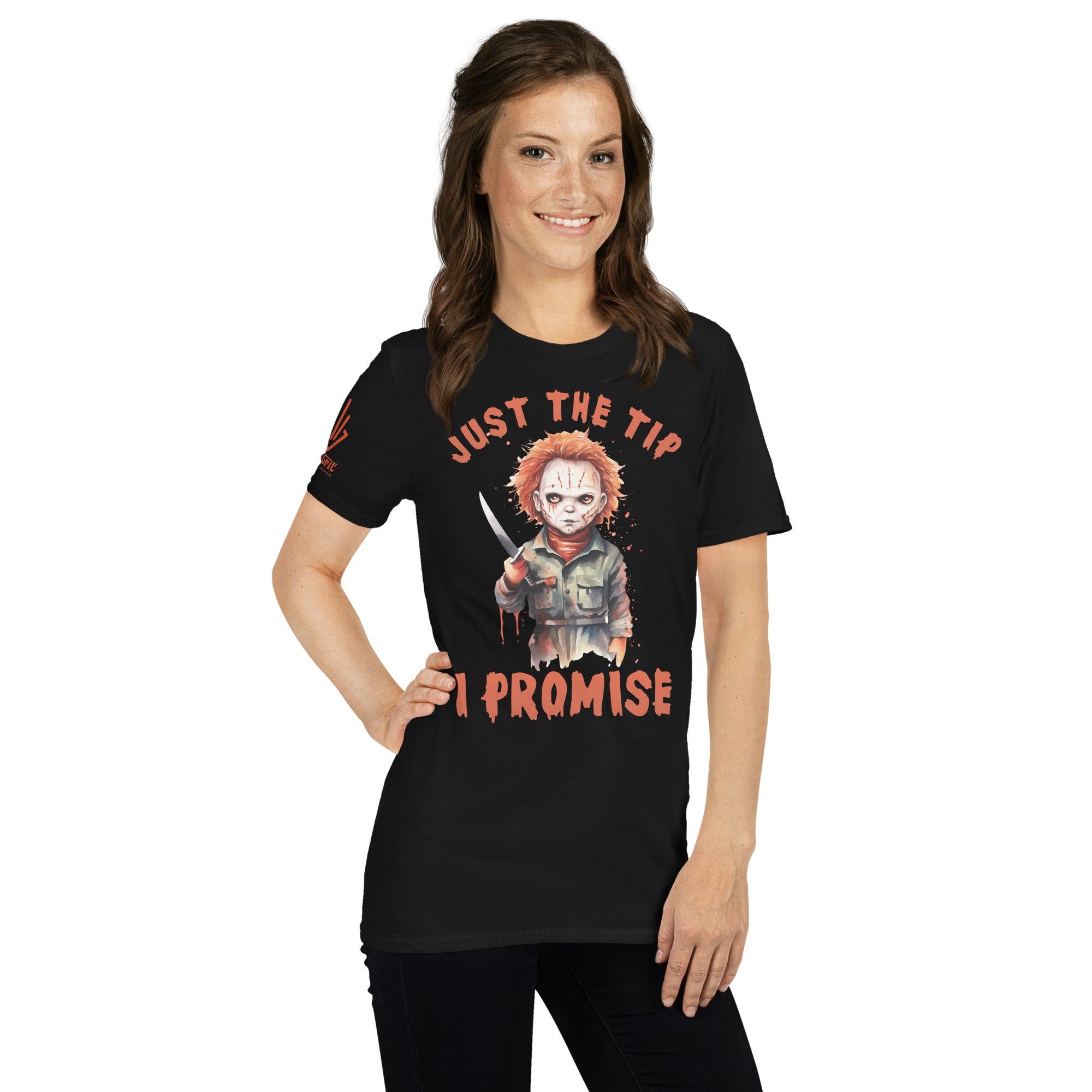 Halloween graphic tee with sarcastic Just The Tip slogan and horror icon