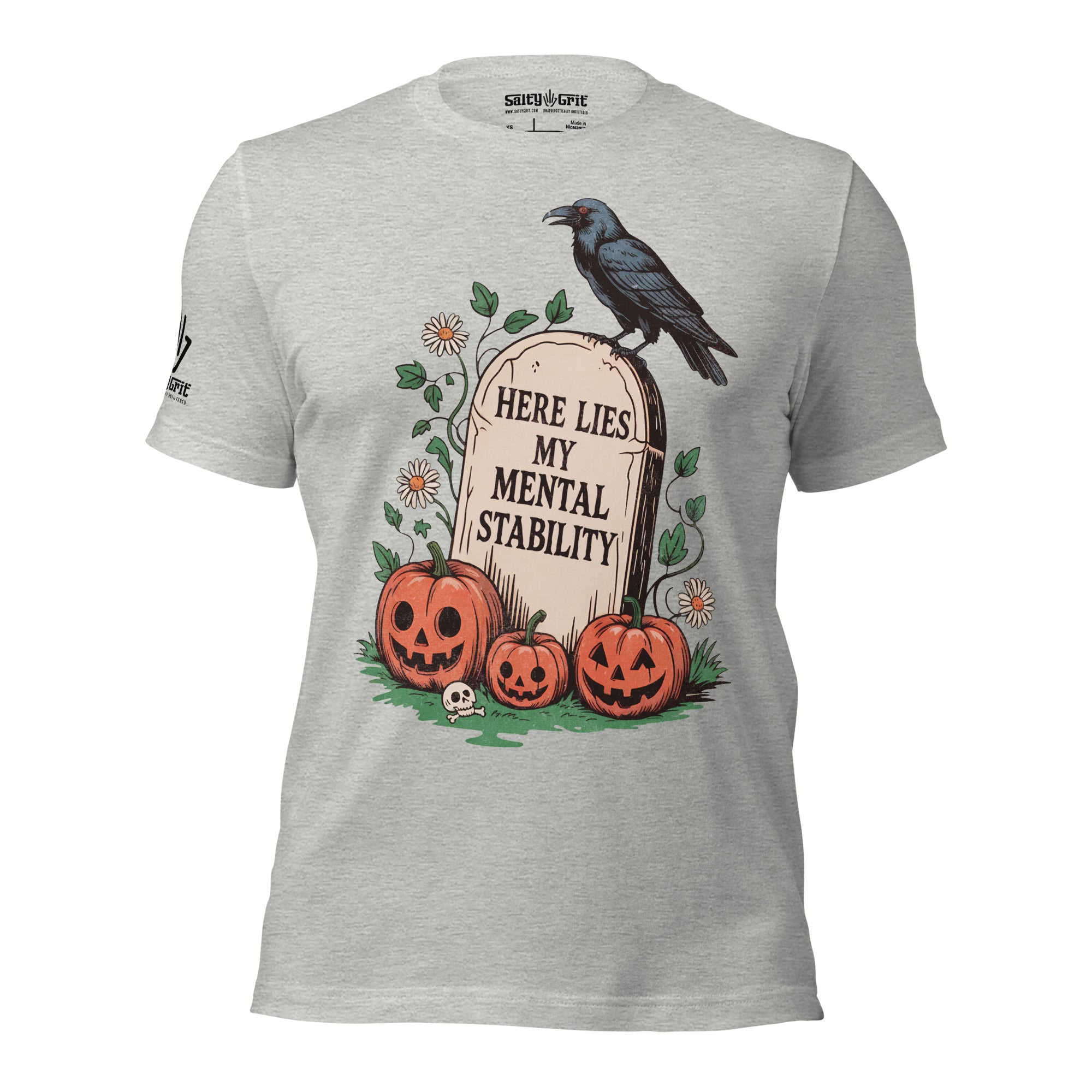 Halloween gift shirt with crow, pumpkins, and “Here Lies My Mental Stability”