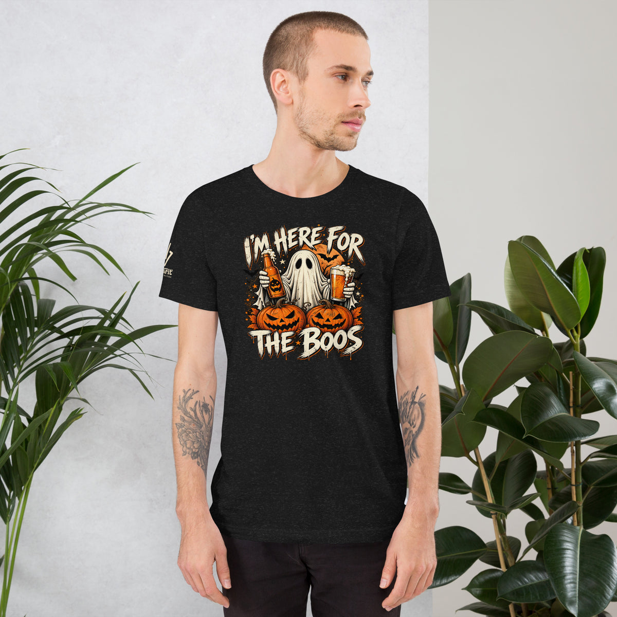 Halloween party shirt featuring a ghost with two beers and the Here for the Boos message
