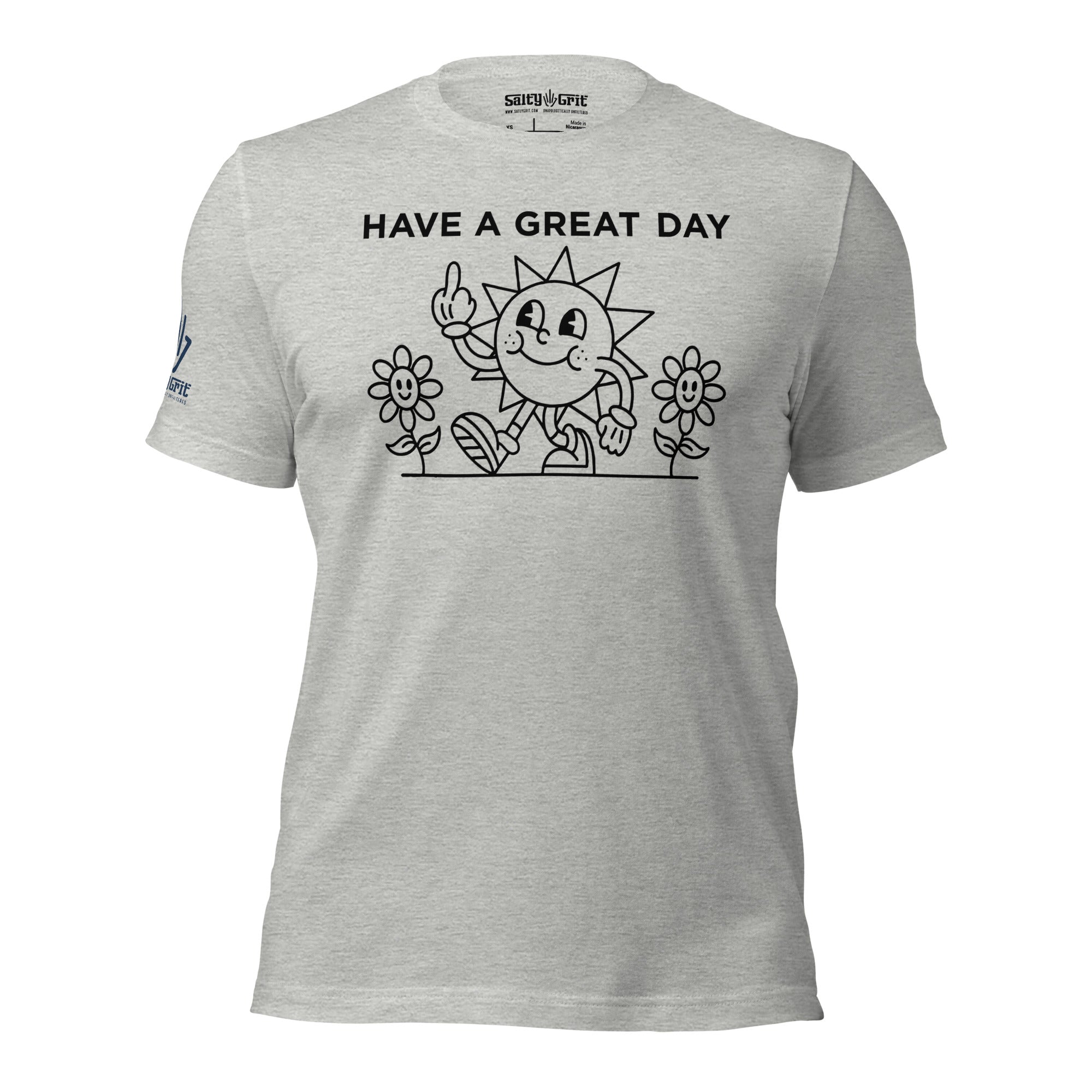 Funny Have a Great Day shirt featuring a sun holding up the middle finger