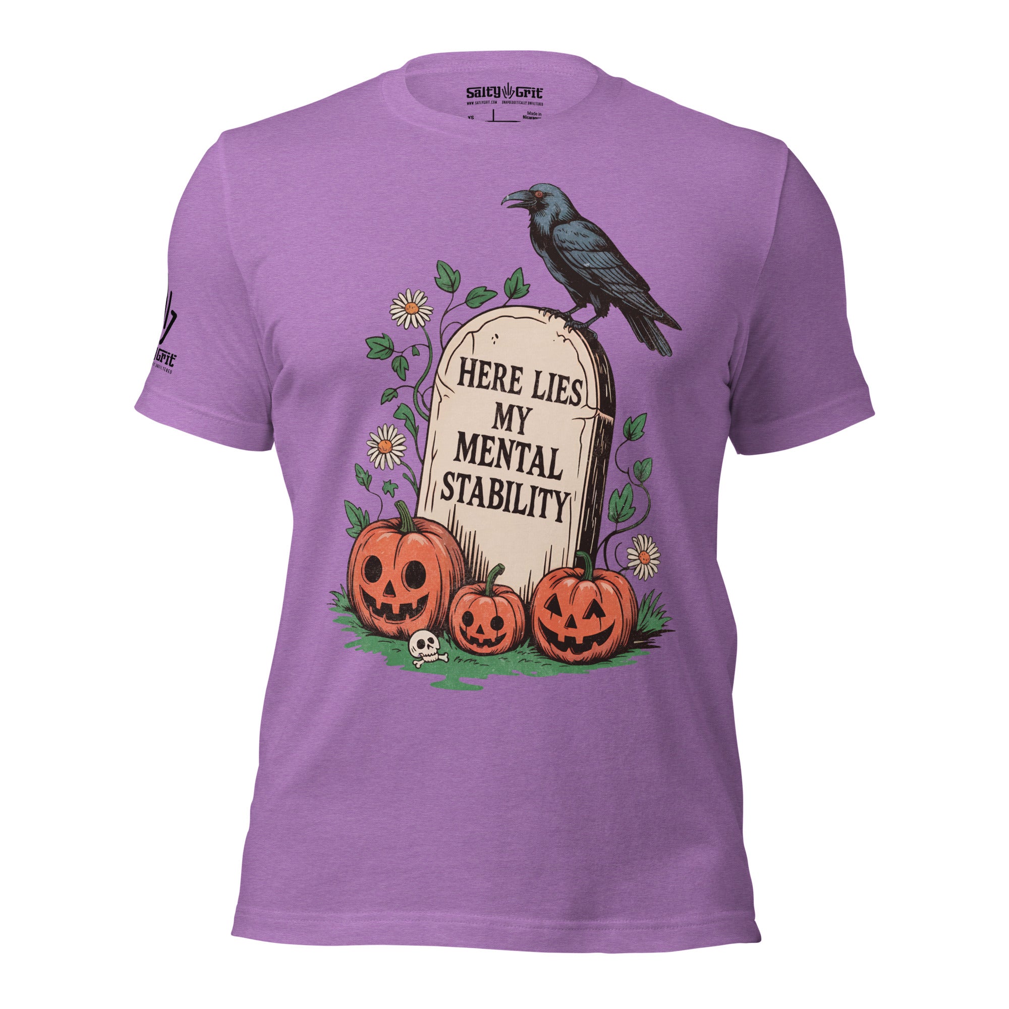 Funny sarcastic Halloween t-shirt with “Here Lies My Mental Stability” tombstone design
