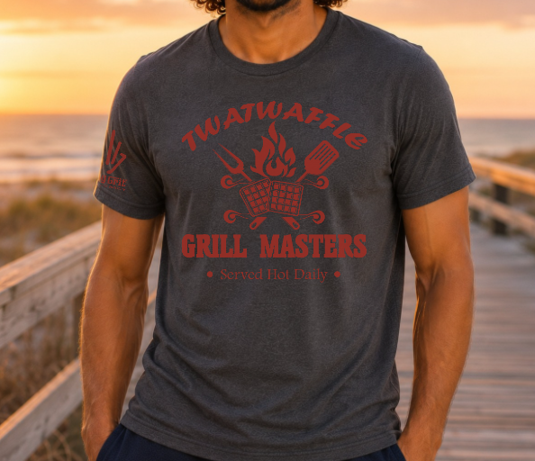 Funny Twatwaffle Grill Masters shirt featuring waffles and grill utensils