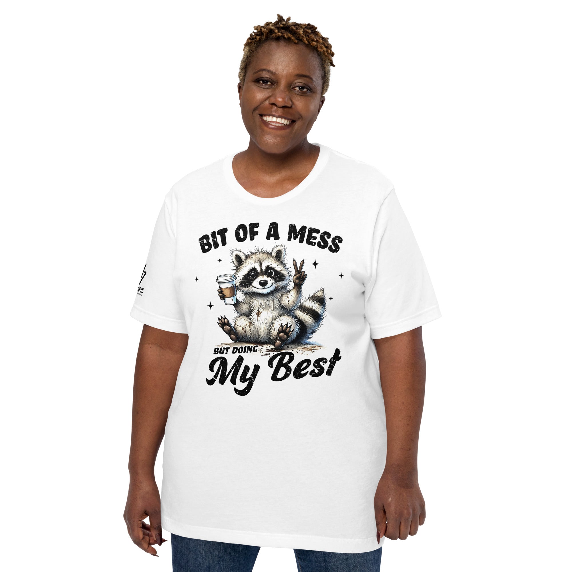 Hot mess themed coffee shirt with raccoon holding peace sign