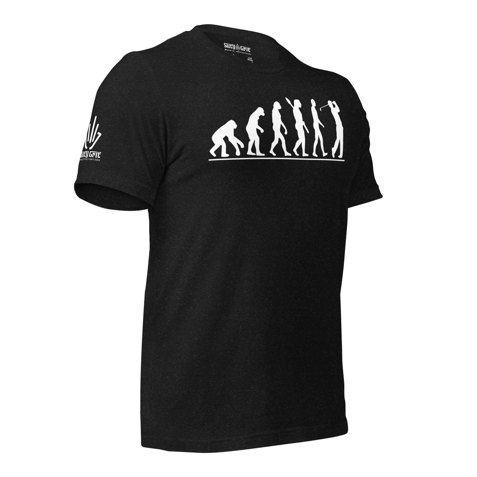 Humorous golf shirt with ape to golfer evolution graphic