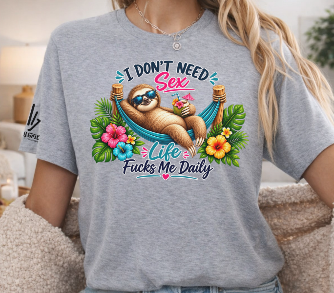 Sarcastic sloth shirt featuring a sloth relaxing in a hammock with a drink