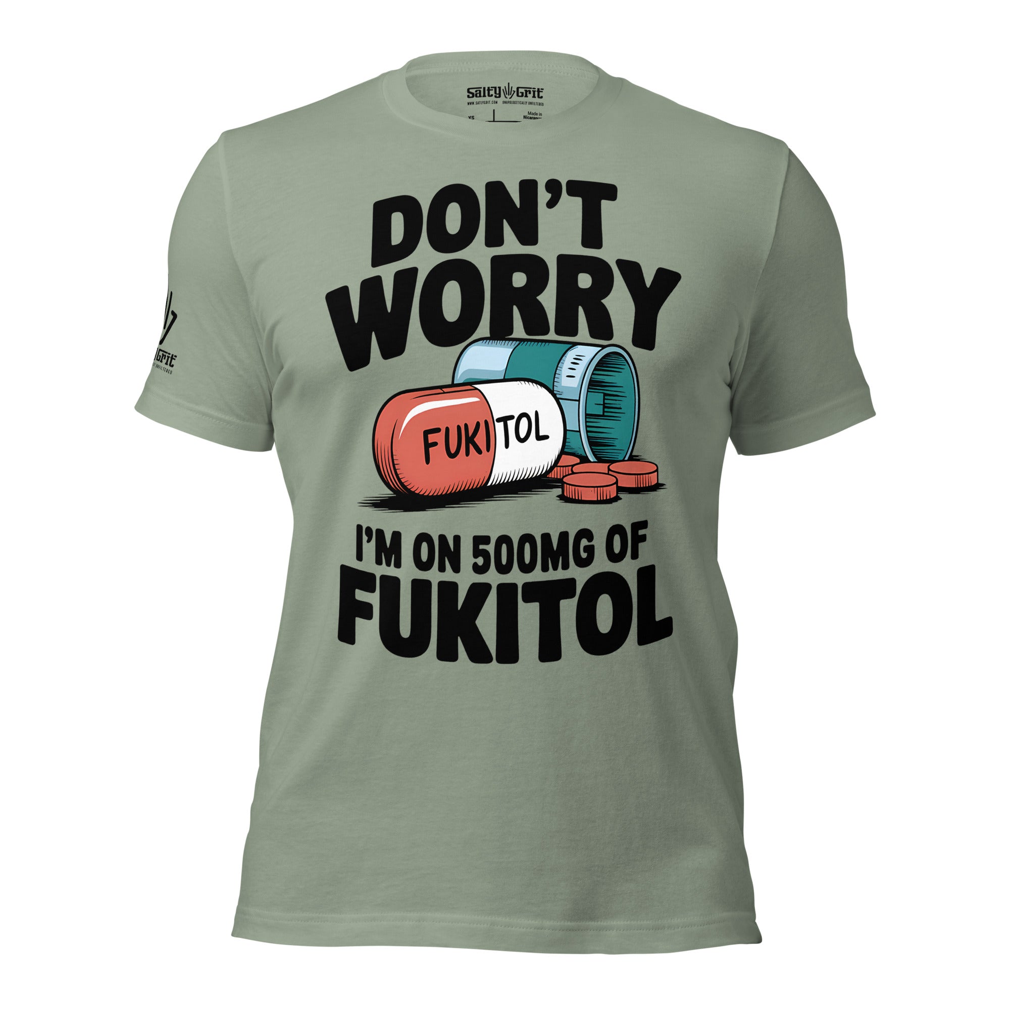 Funny shirt reading I’m on 500mg of Fuckitol with spilled pill bottle design