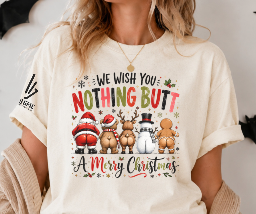 Funny Christmas shirt design featuring festive characters and a cheeky holiday greeting.
