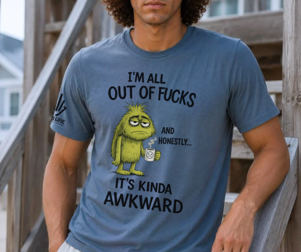 text: Inappropriate coffee humor t-shirt featuring a sad monster with a coffee cup