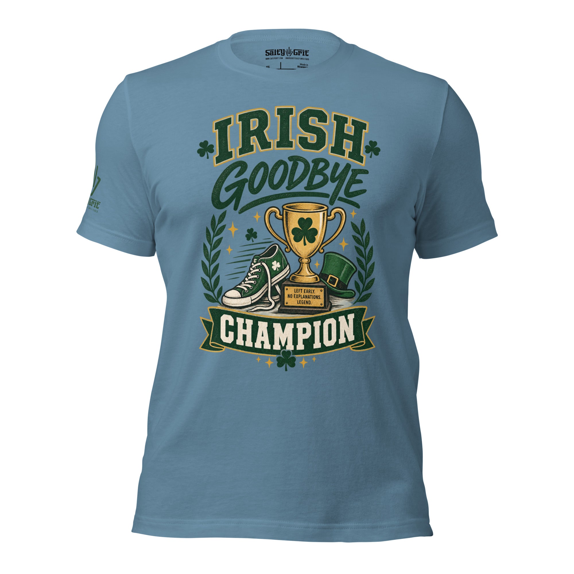 Funny party shirt featuring Irish Goodbye Champion and trophy artwork