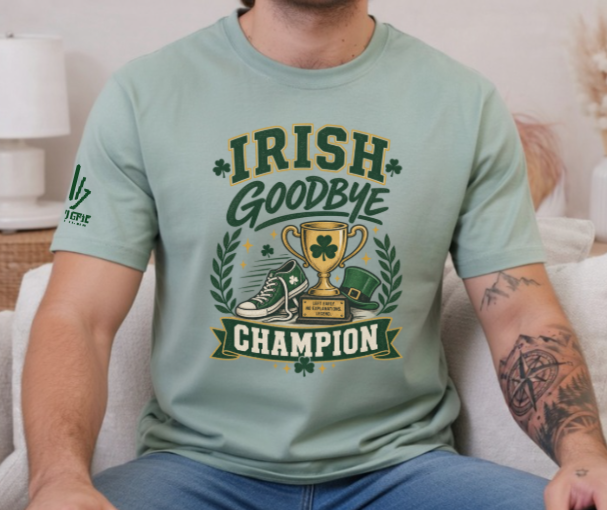 Sarcastic Irish Goodbye graphic tee with trophy and running shoe design