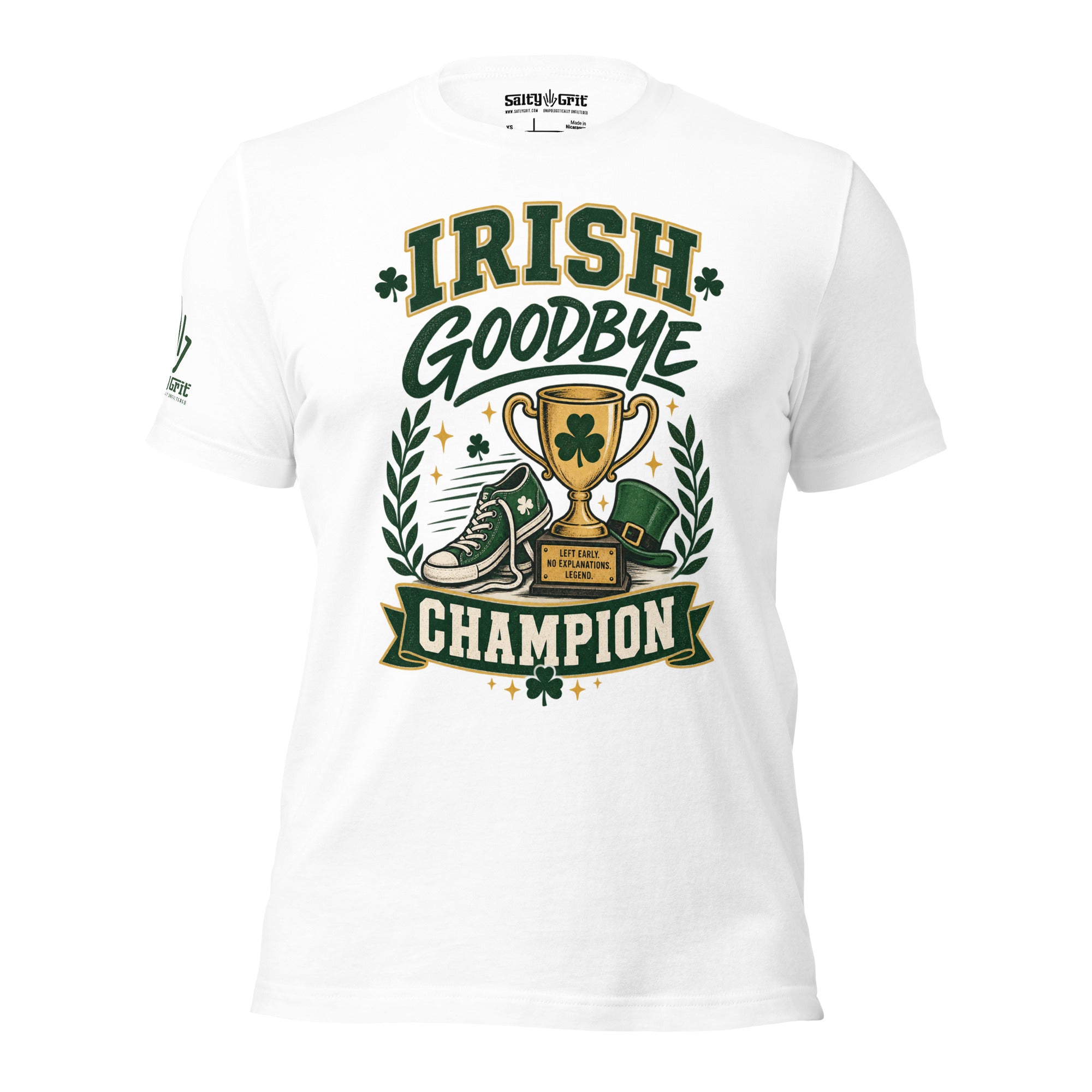 Irish Goodbye Champion shirt with trophy and running shoe graphic