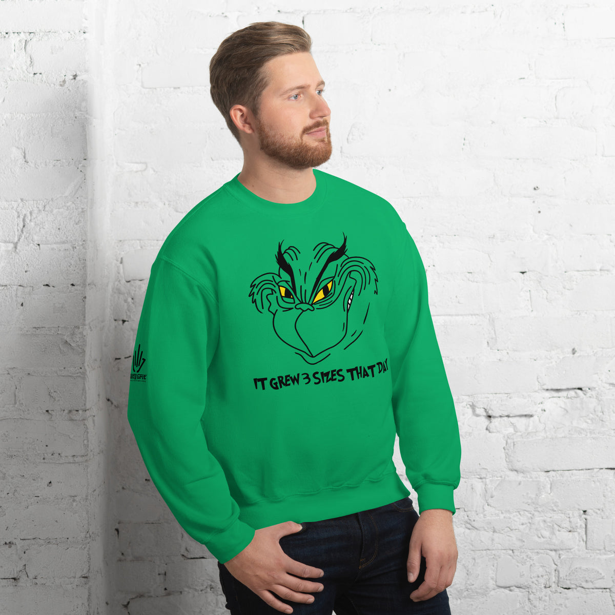 It Grew 3 Sizes That Day holiday crewneck sweatshirt with Grinch artwork