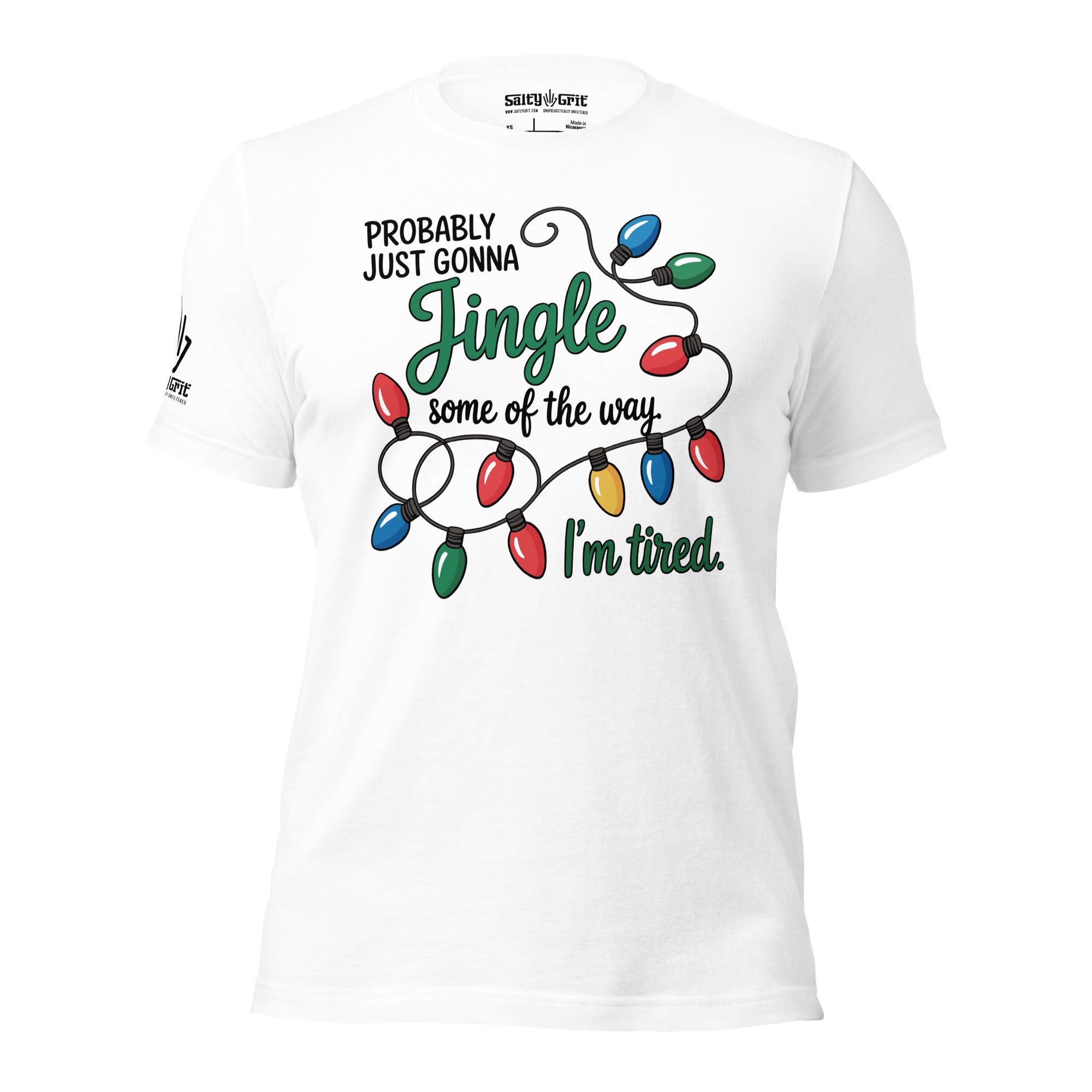 Funny Christmas shirt with text Just Going to Jingle Part of the Way and Christmas lights