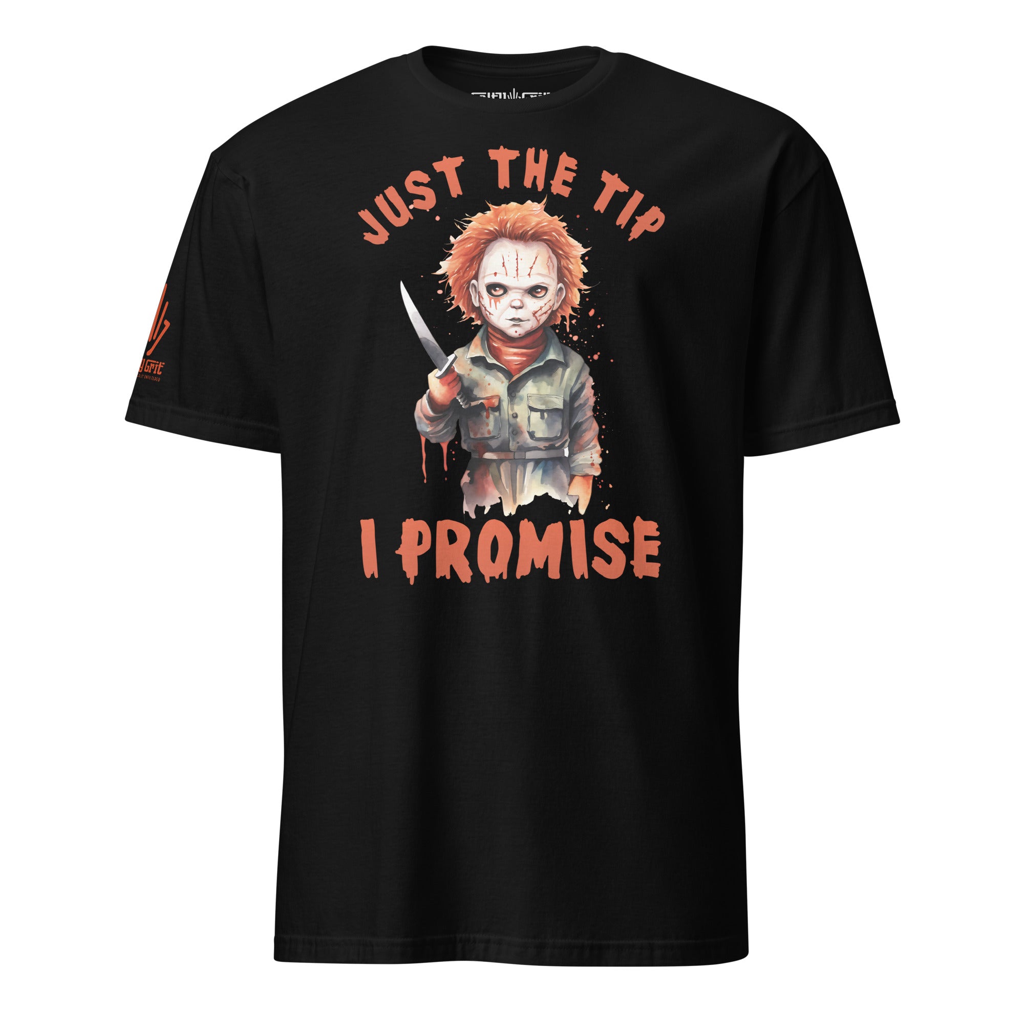 Funny Halloween shirt with Just The Tip text and Michael Myers holding knife graphic