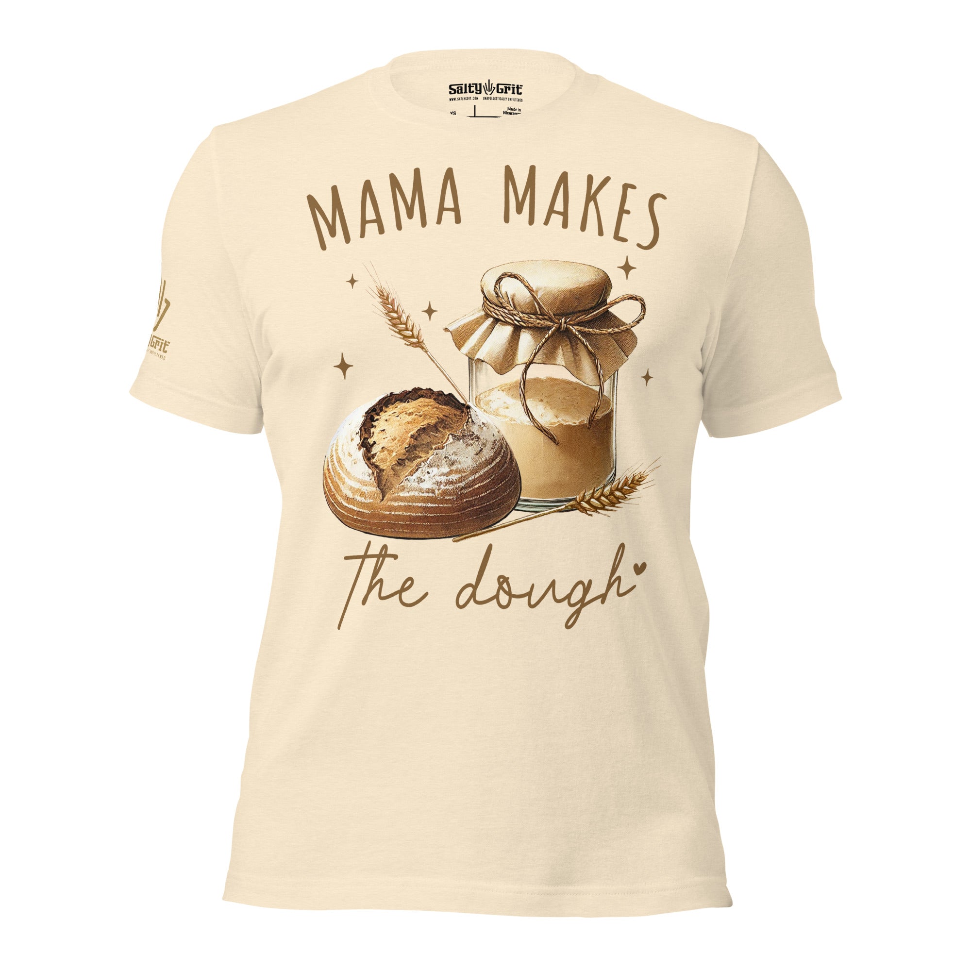 Funny sarcastic shirt with sourdough bread and starter jar saying “Mama Makes the Dough”