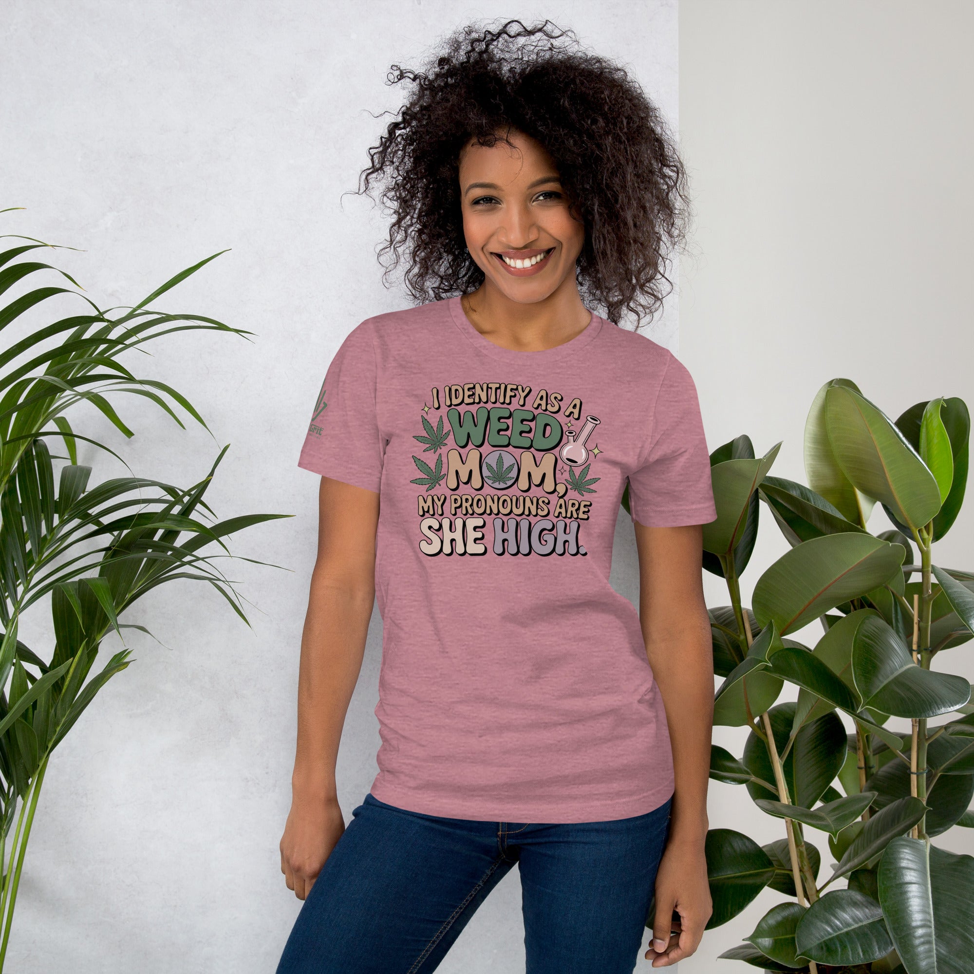 Marijuana mom funny graphic tee with She High pronoun joke