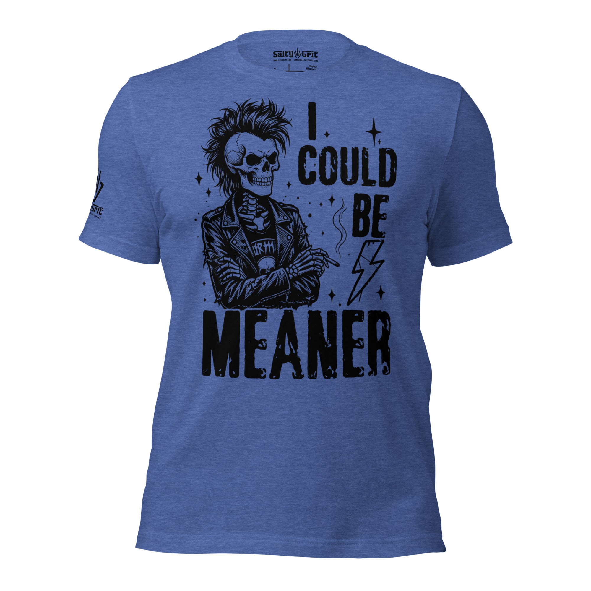 Funny skeleton tee featuring I Could Be Meaner sarcastic wording