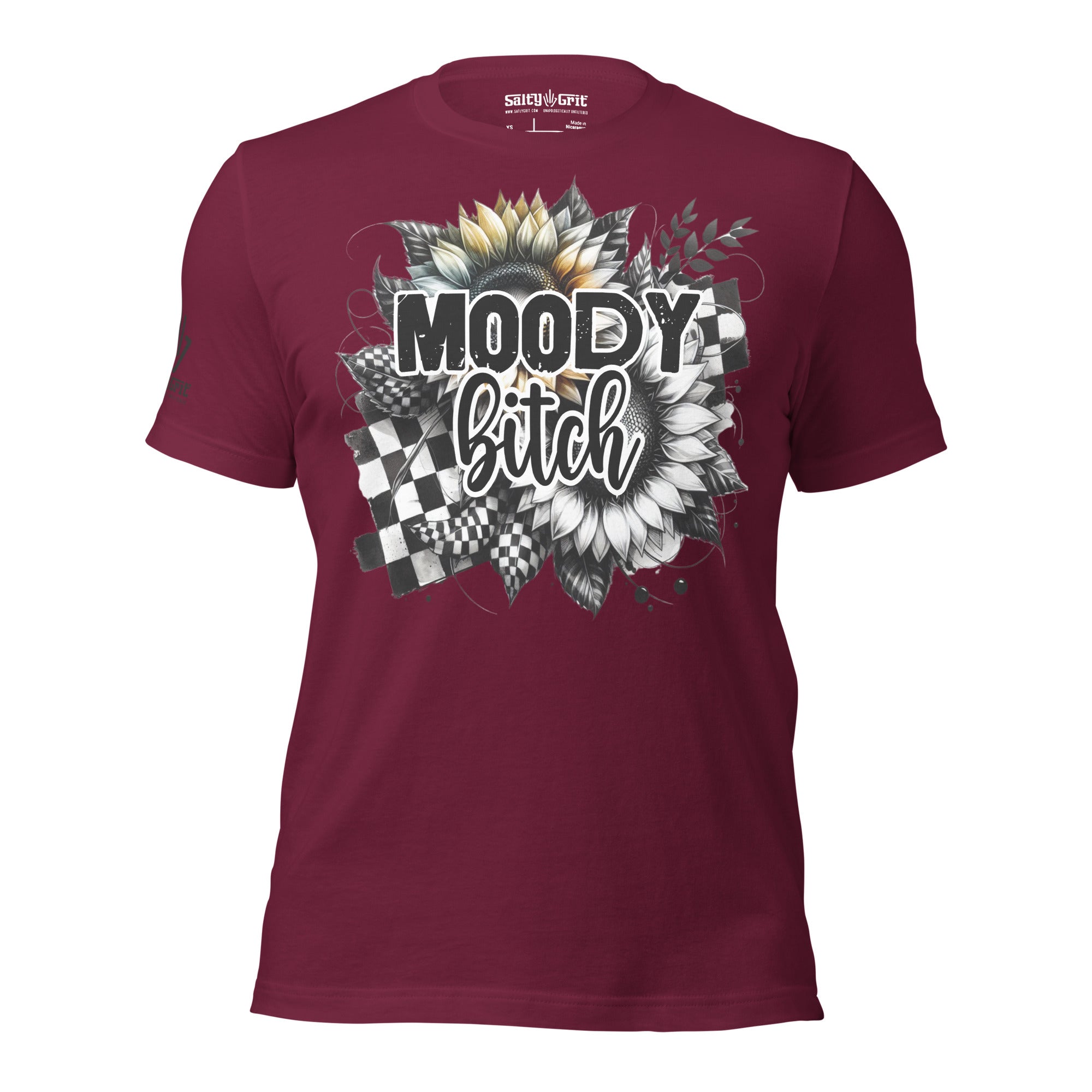 Sarcastic “Moody Bitch” graphic t-shirt with checkered background and flower