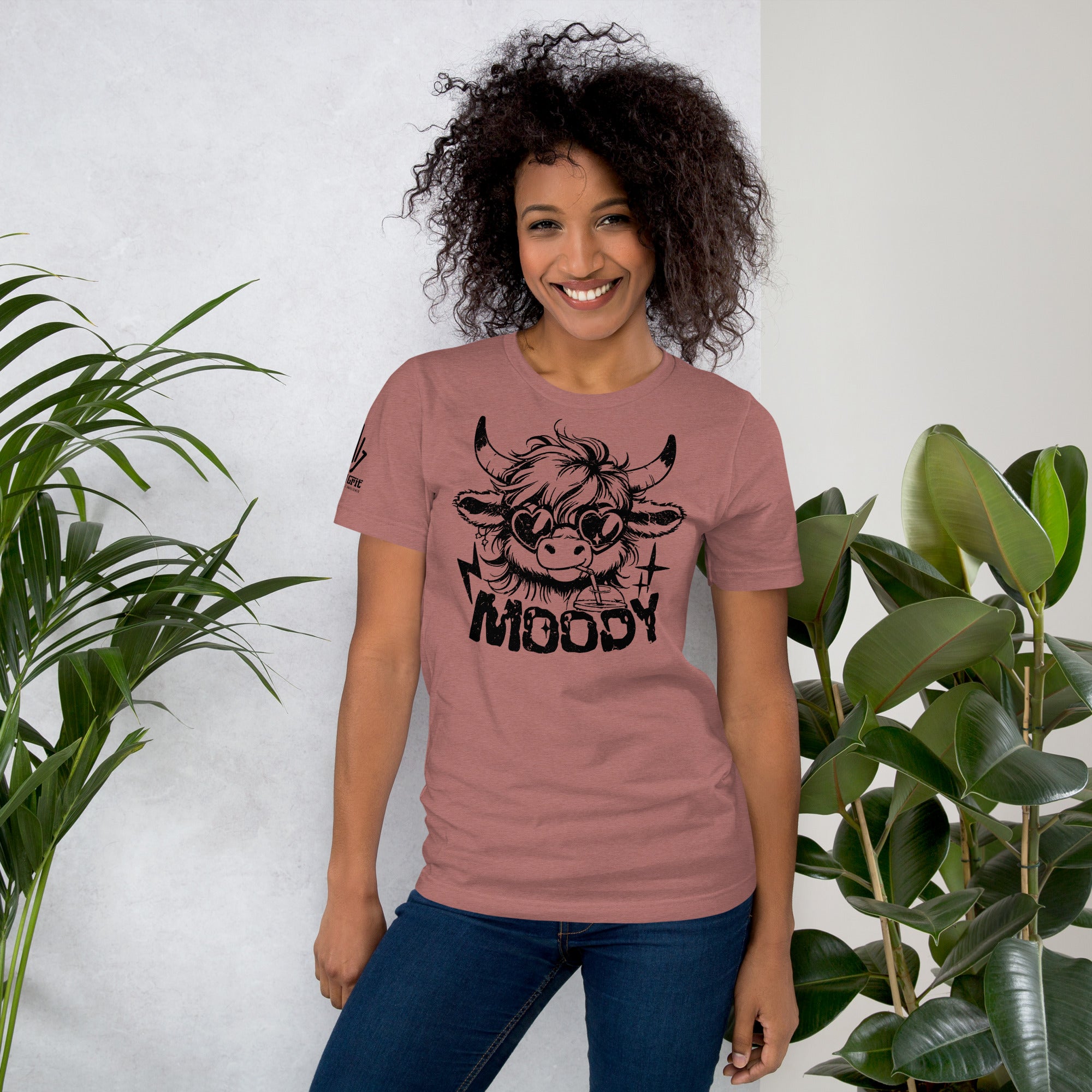 Moody Highland cow coffee drinking graphic apparel
