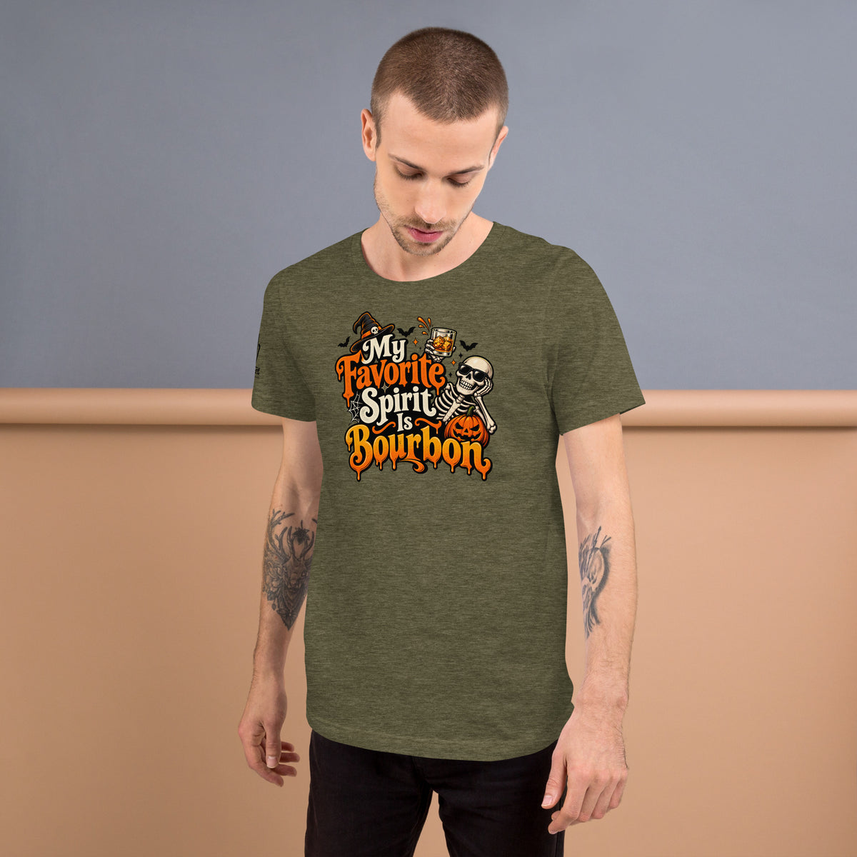 Product view of the My Favorite Spirit Is Bourbon shirt with its skeleton bourbon graphic