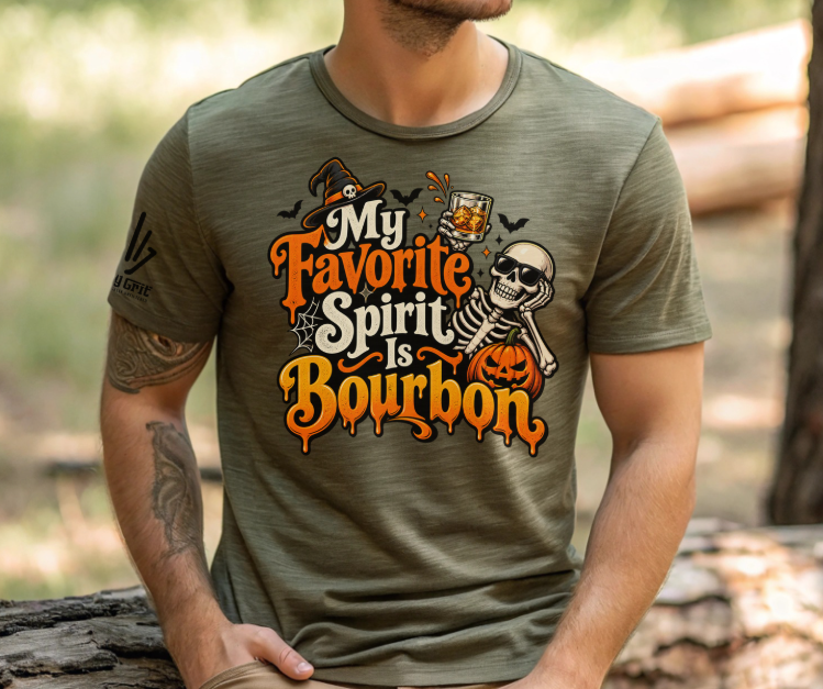 Shirt featuring the phrase “My Favorite Spirit Is Bourbon” with a skeleton holding a glass of bourbon.