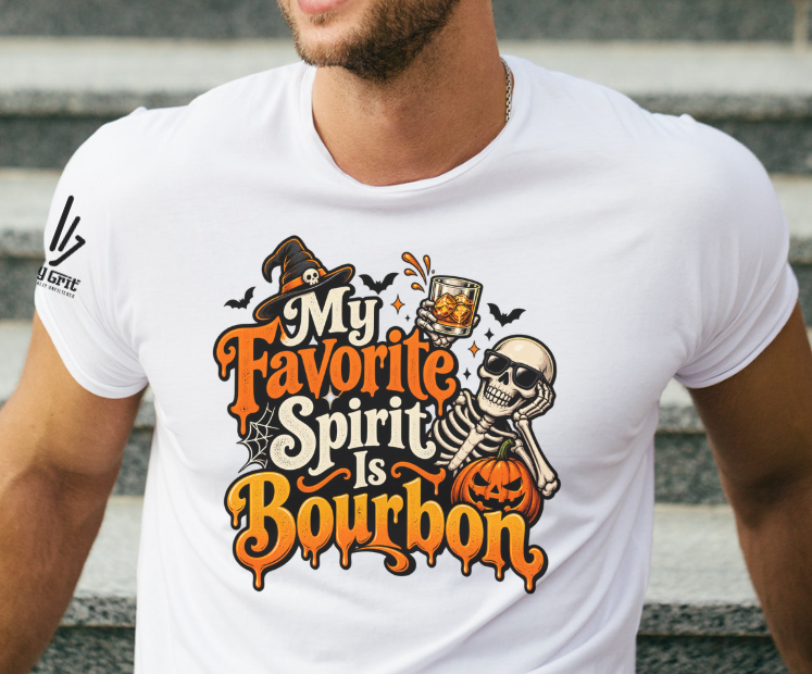 Close-up of the My Favorite Spirit Is Bourbon graphic with a skeleton and bourbon glass