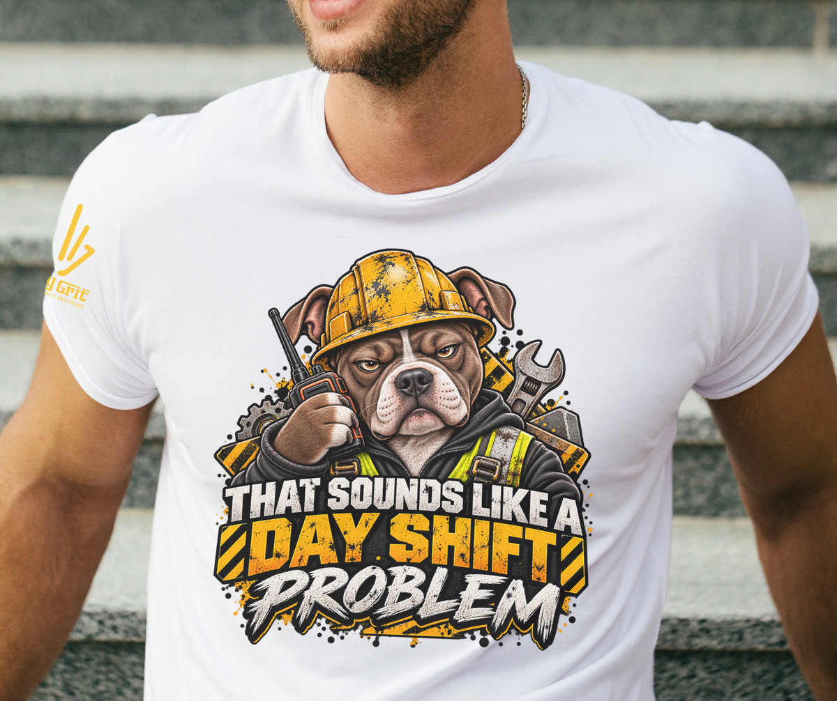 Night crew construction shirt with a pitbull and walkie-talkie graphic