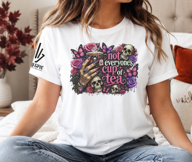 Funny Not Everyone’s Cup of Tea goth shirt with skulls, roses, and hand design